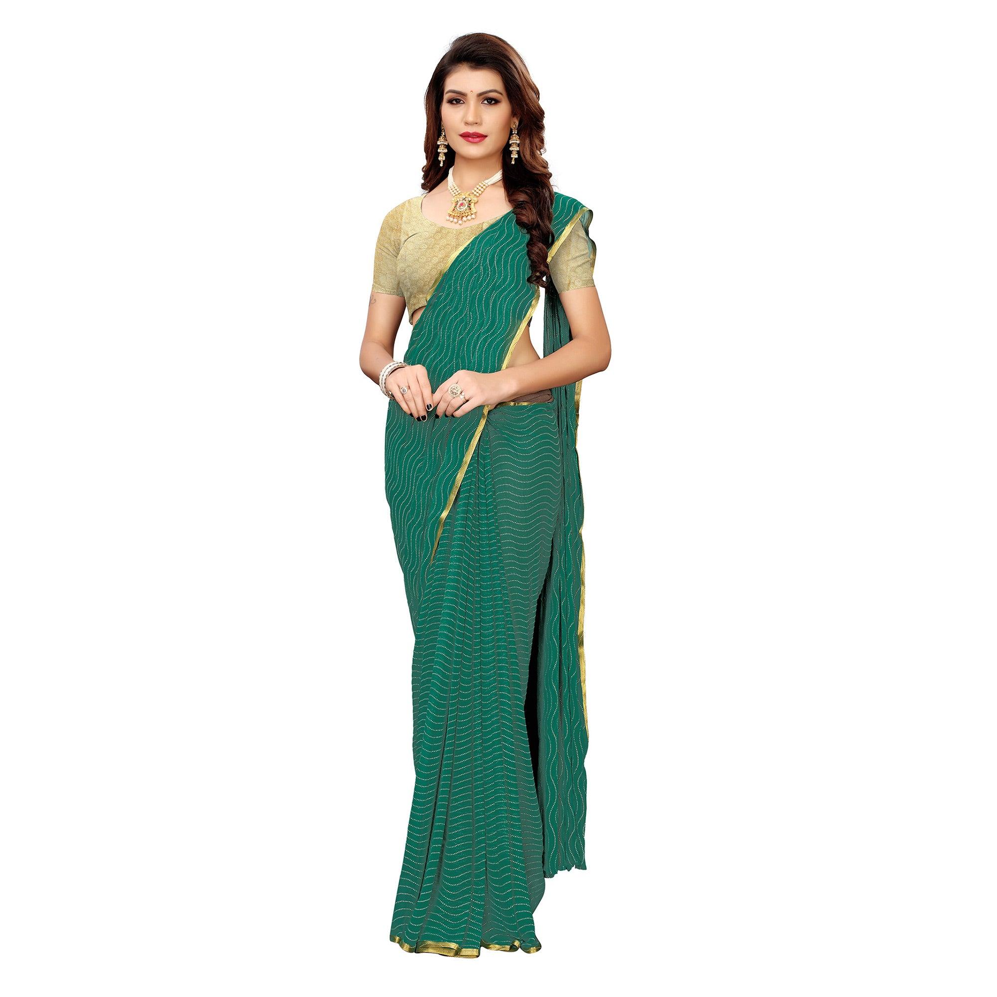 Ethnic Green Colored Casual Wear Woven Border Chiffon Saree - Peachmode