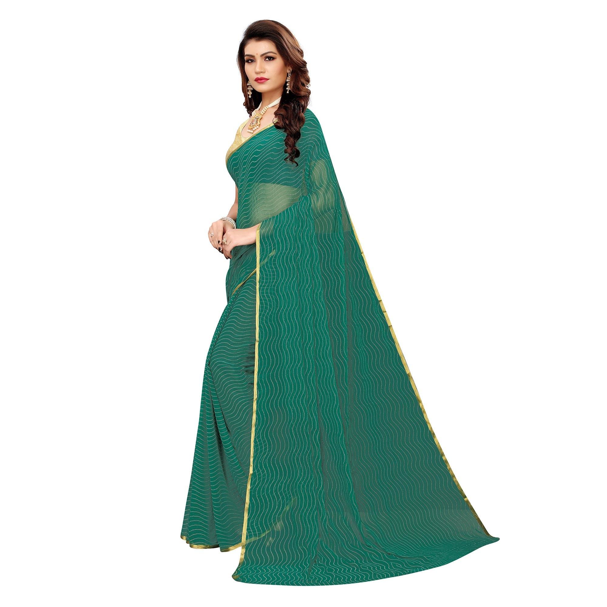 Ethnic Green Colored Casual Wear Woven Border Chiffon Saree - Peachmode