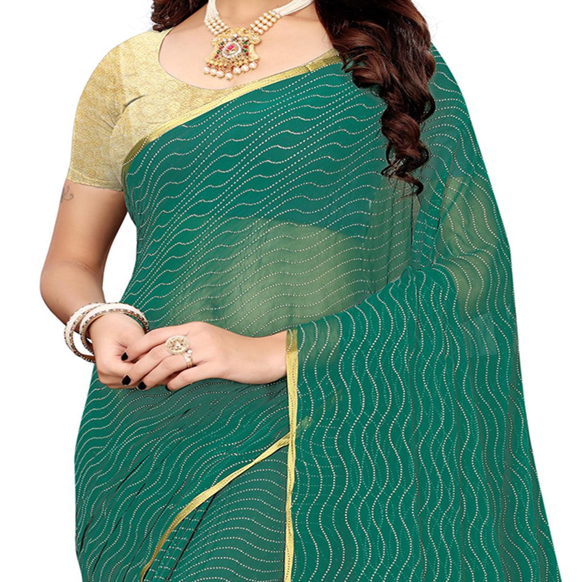 Ethnic Green Colored Casual Wear Woven Border Chiffon Saree - Peachmode