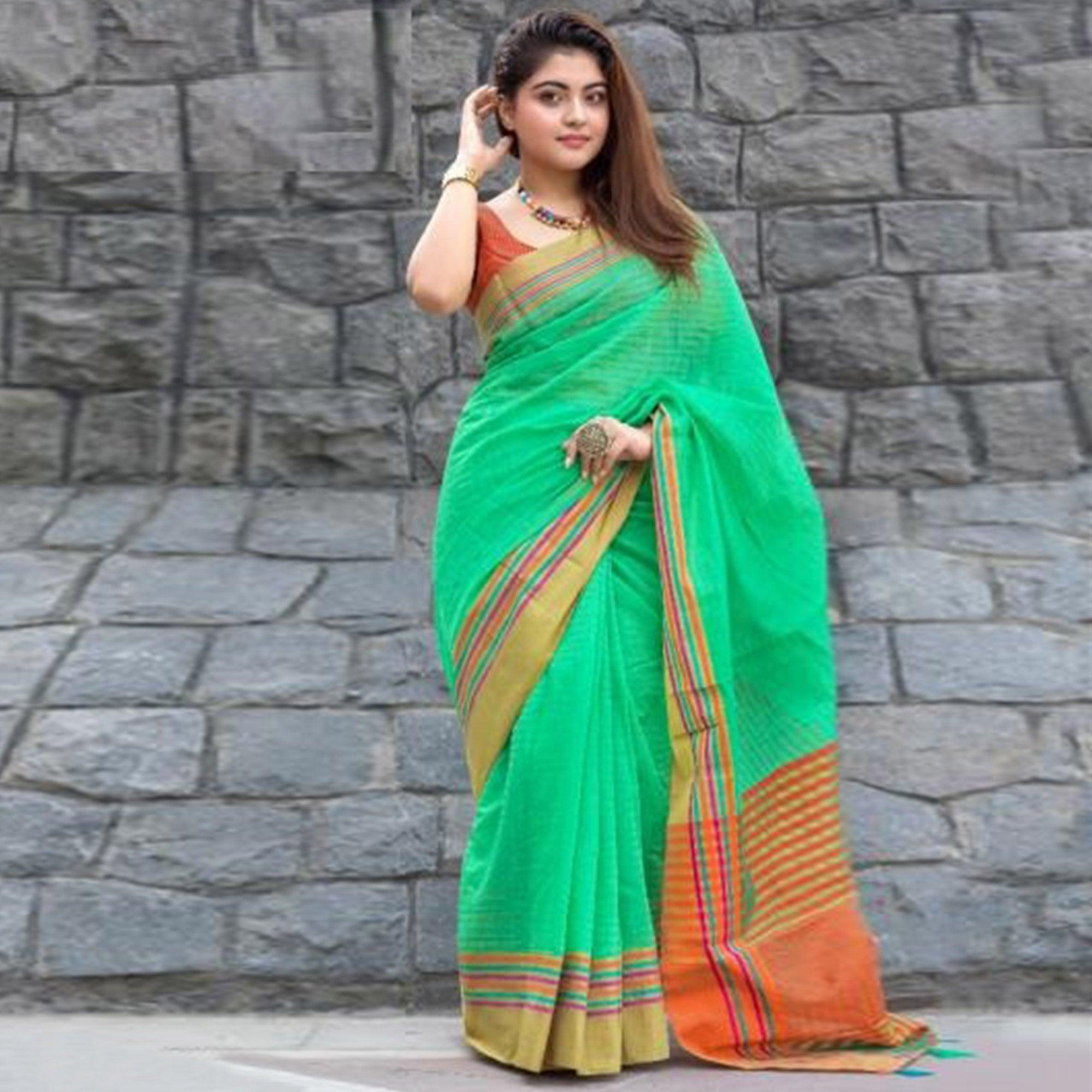 Ethnic Green Colored Festive Wear Woven Cotton Saree - Peachmode
