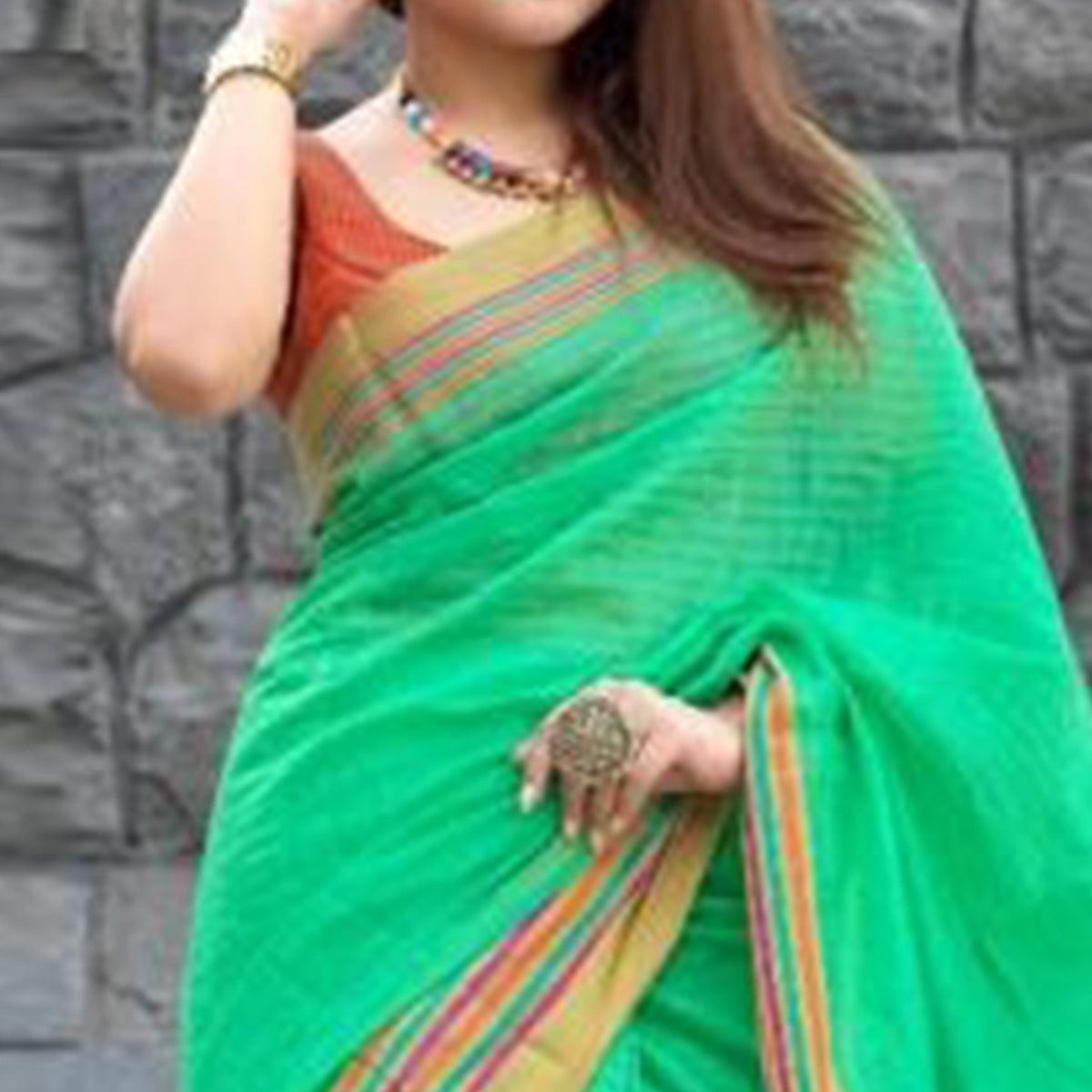 Ethnic Green Colored Festive Wear Woven Cotton Saree - Peachmode