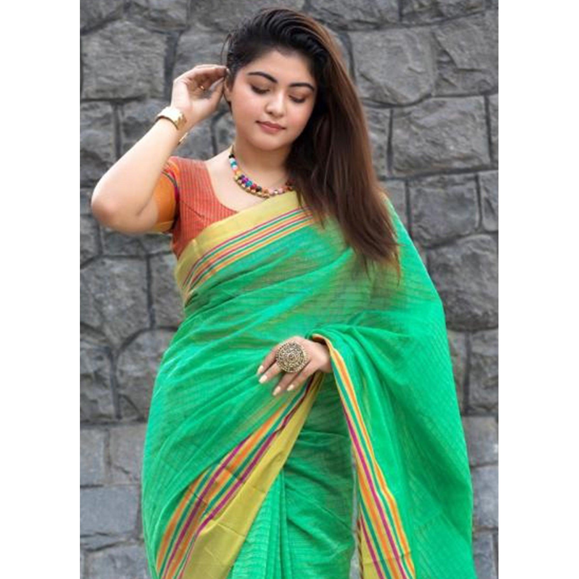 Ethnic Green Colored Festive Wear Woven Cotton Saree - Peachmode