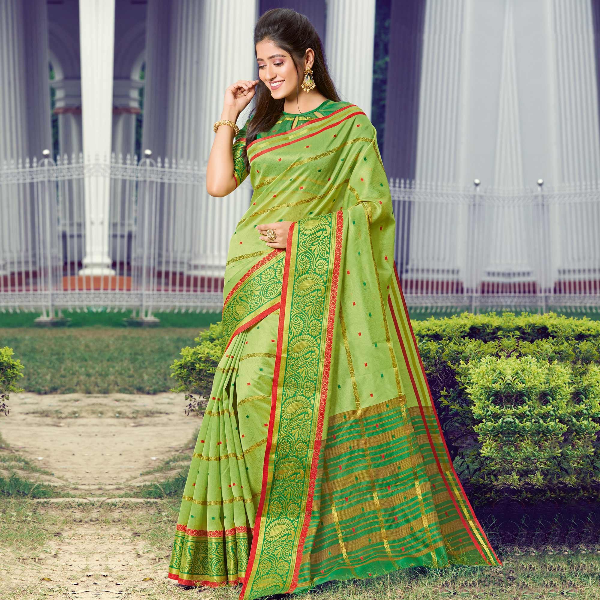 Ethnic Green Colored Festive Wear Woven Handloom Silk Saree - Peachmode