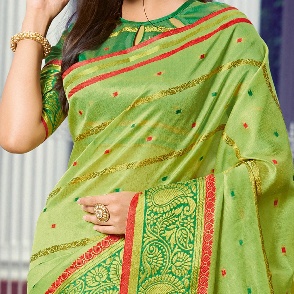 Ethnic Green Colored Festive Wear Woven Handloom Silk Saree - Peachmode