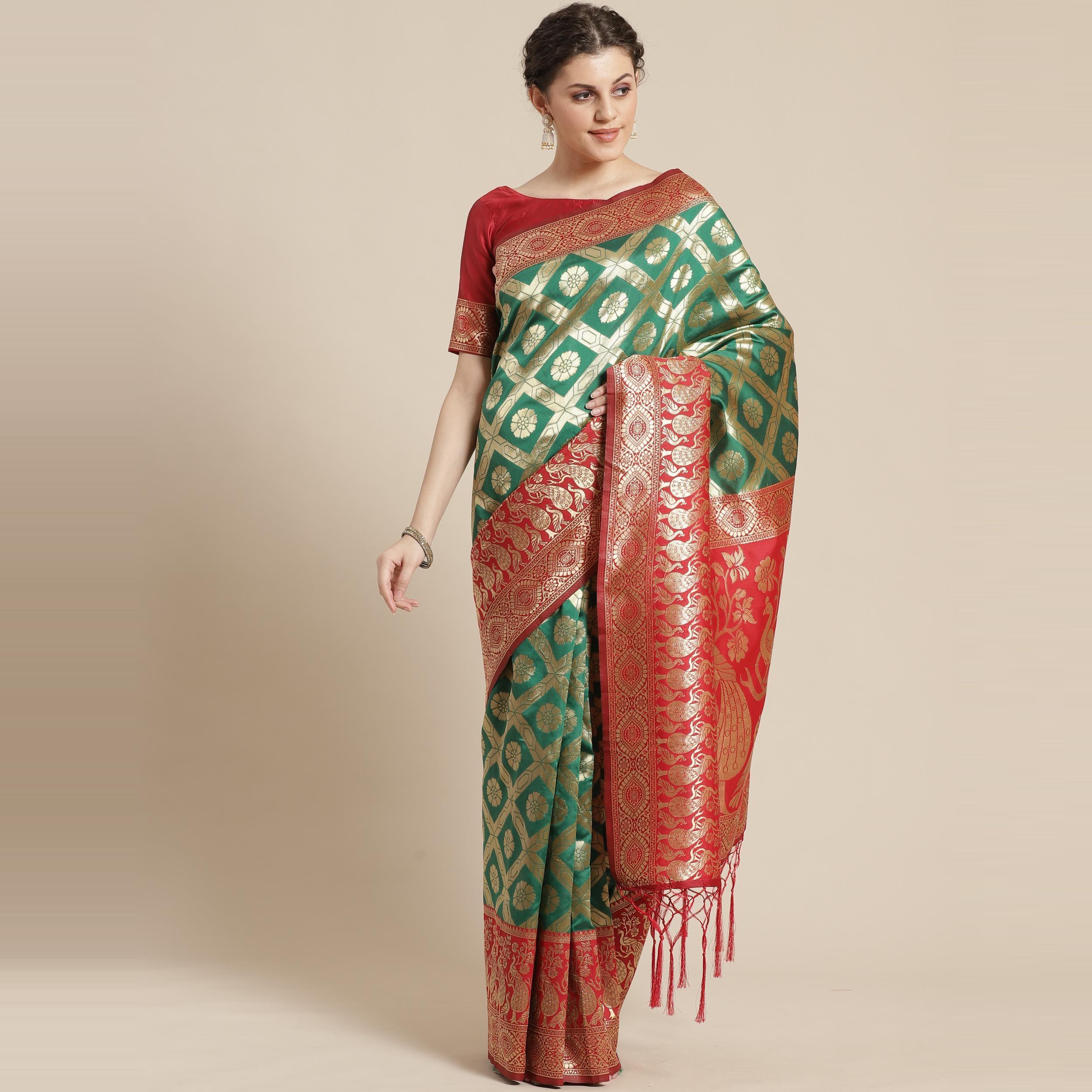Ethnic Green Colored Festive Wear Woven Silk Belnd Saree With Tassels - Peachmode