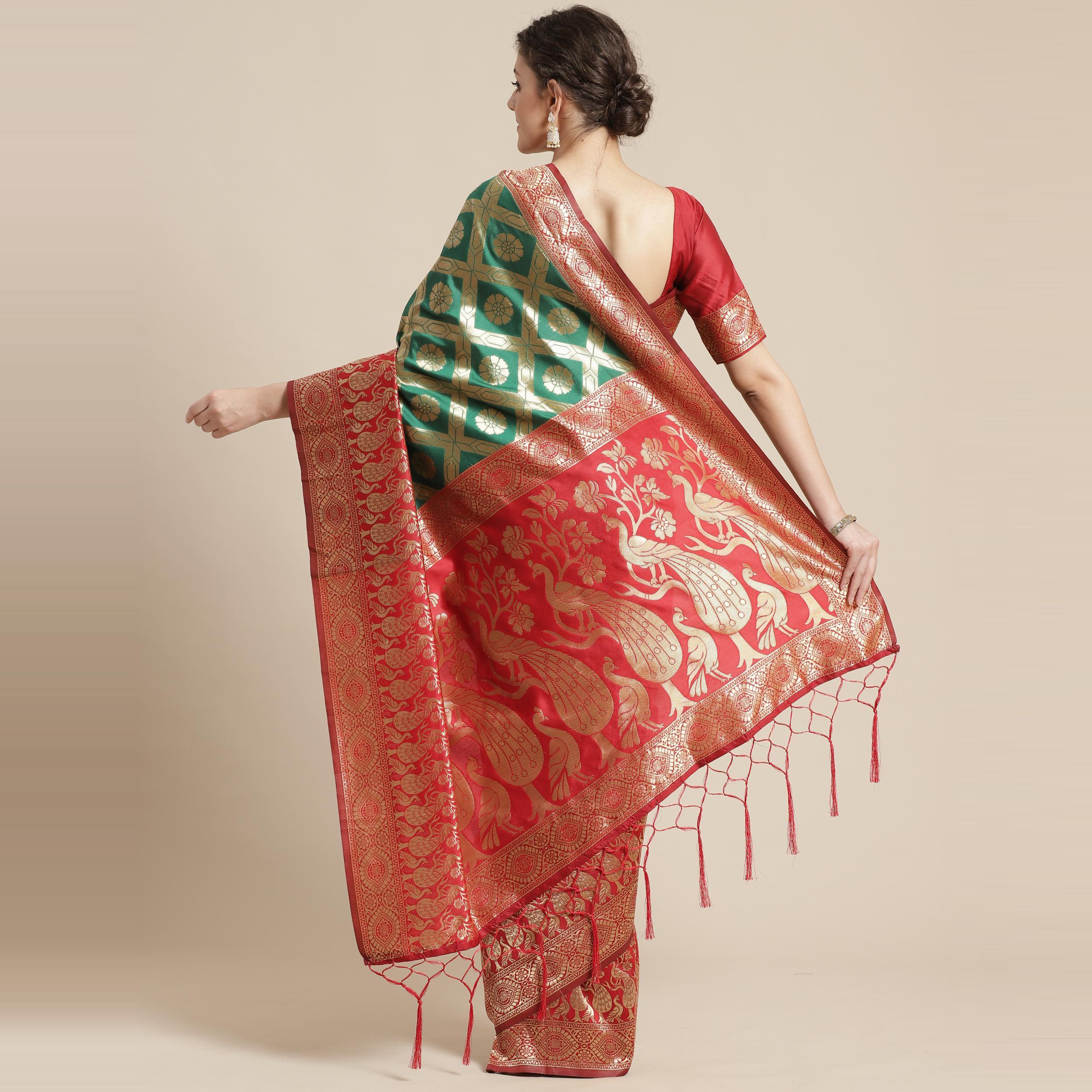 Ethnic Green Colored Festive Wear Woven Silk Belnd Saree With Tassels - Peachmode