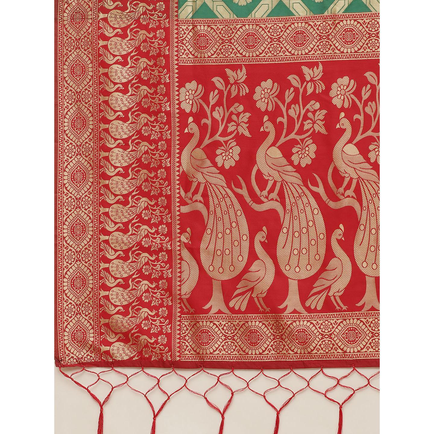 Ethnic Green Colored Festive Wear Woven Silk Belnd Saree With Tassels - Peachmode