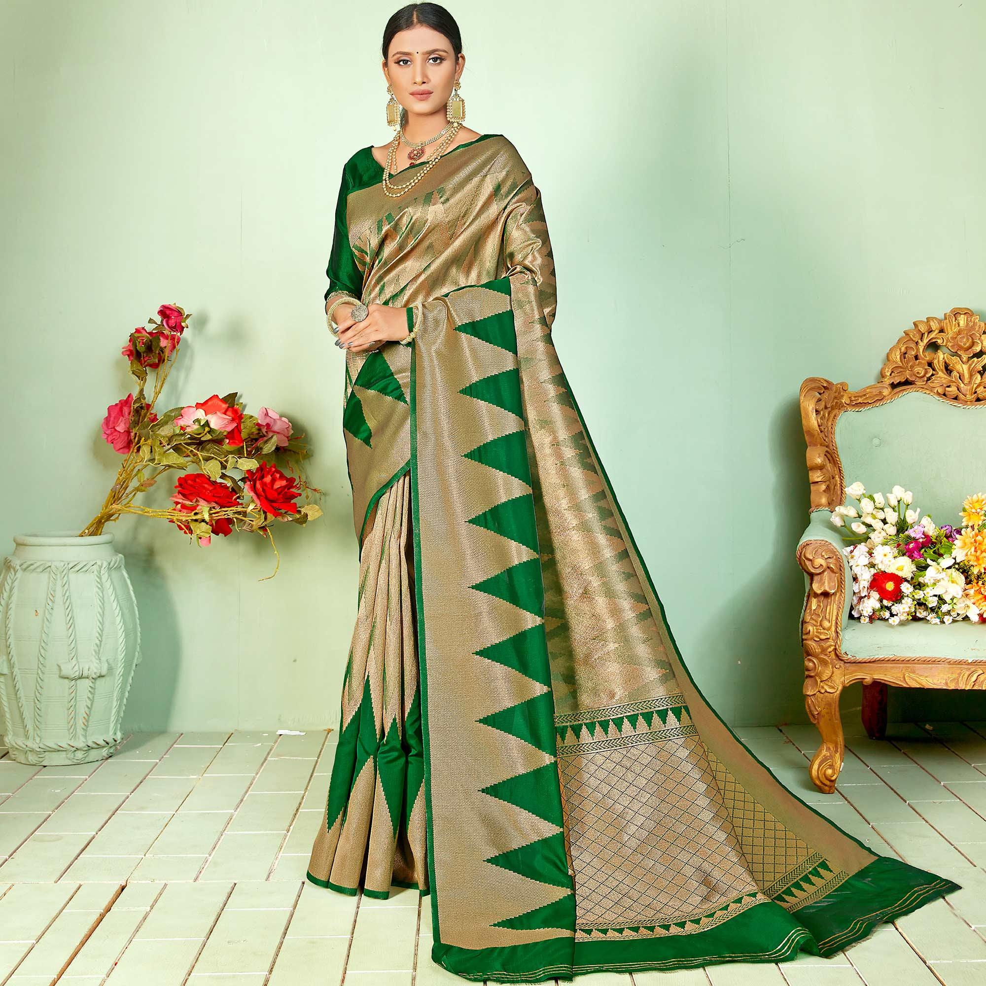 Ethnic Green Colored Festive Wear Woven Silk Saree - Peachmode