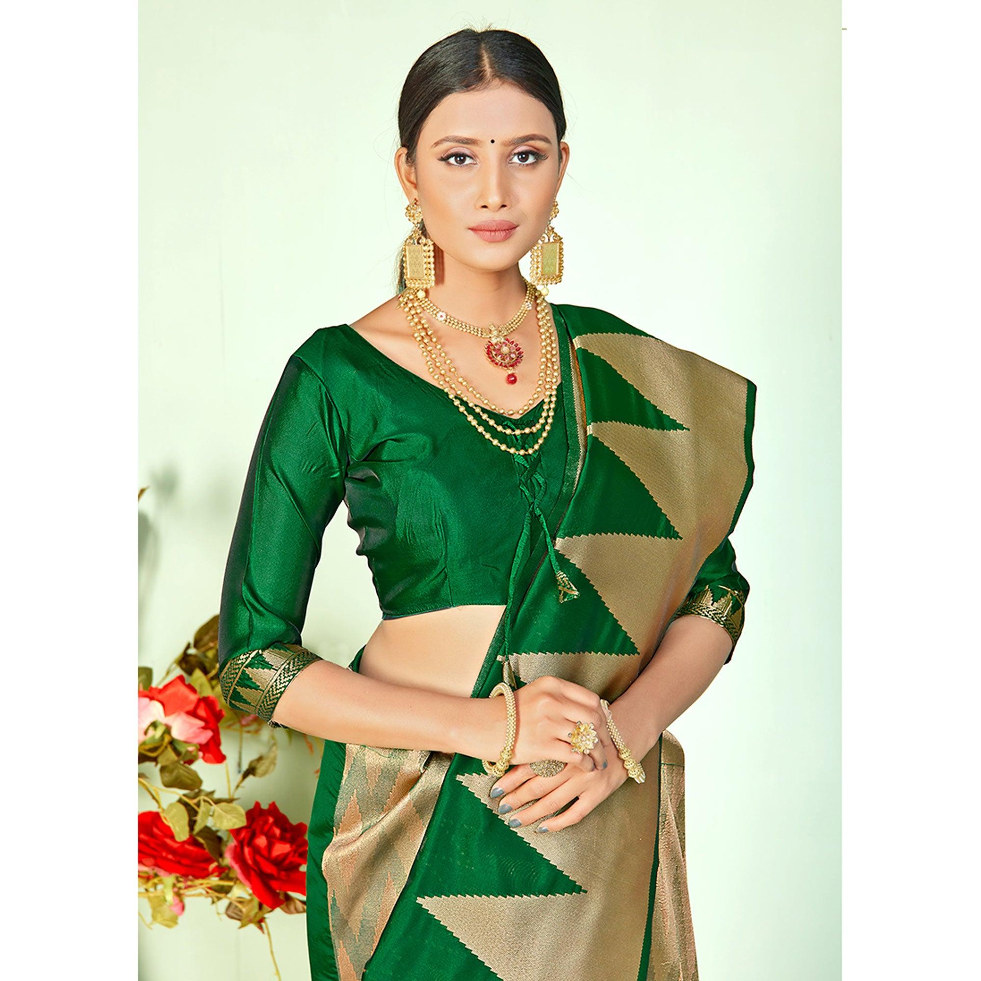 Ethnic Green Colored Festive Wear Woven Silk Saree - Peachmode