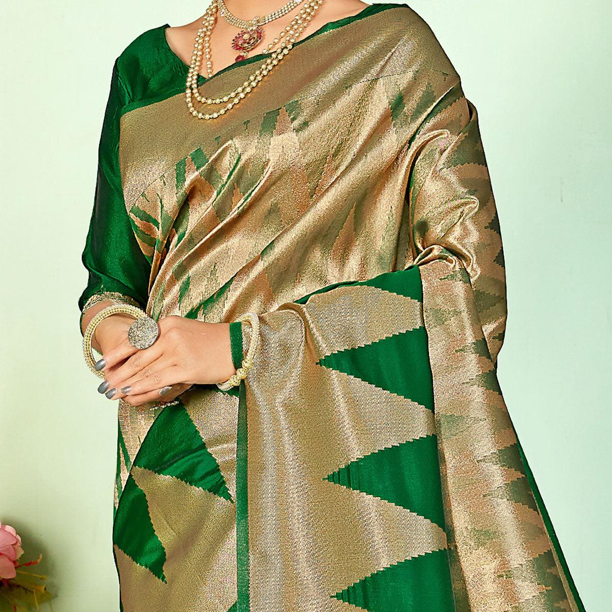 Ethnic Green Colored Festive Wear Woven Silk Saree - Peachmode
