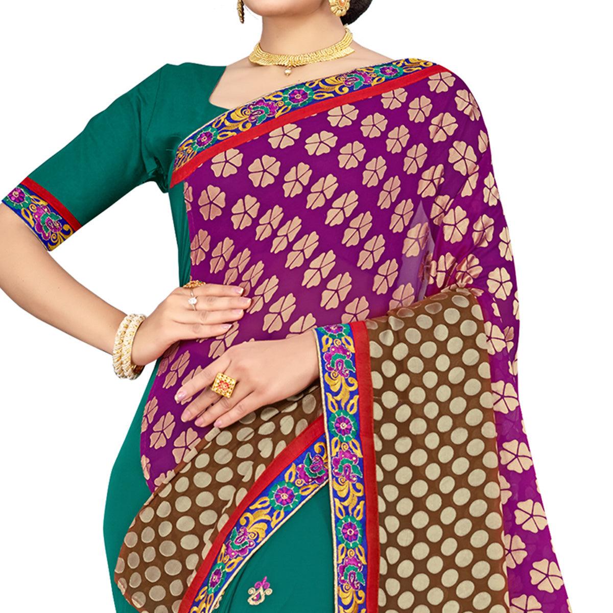 Ethnic Green-Purple Colored Party Wear Embroidered Georgette Half-Half Saree - Peachmode
