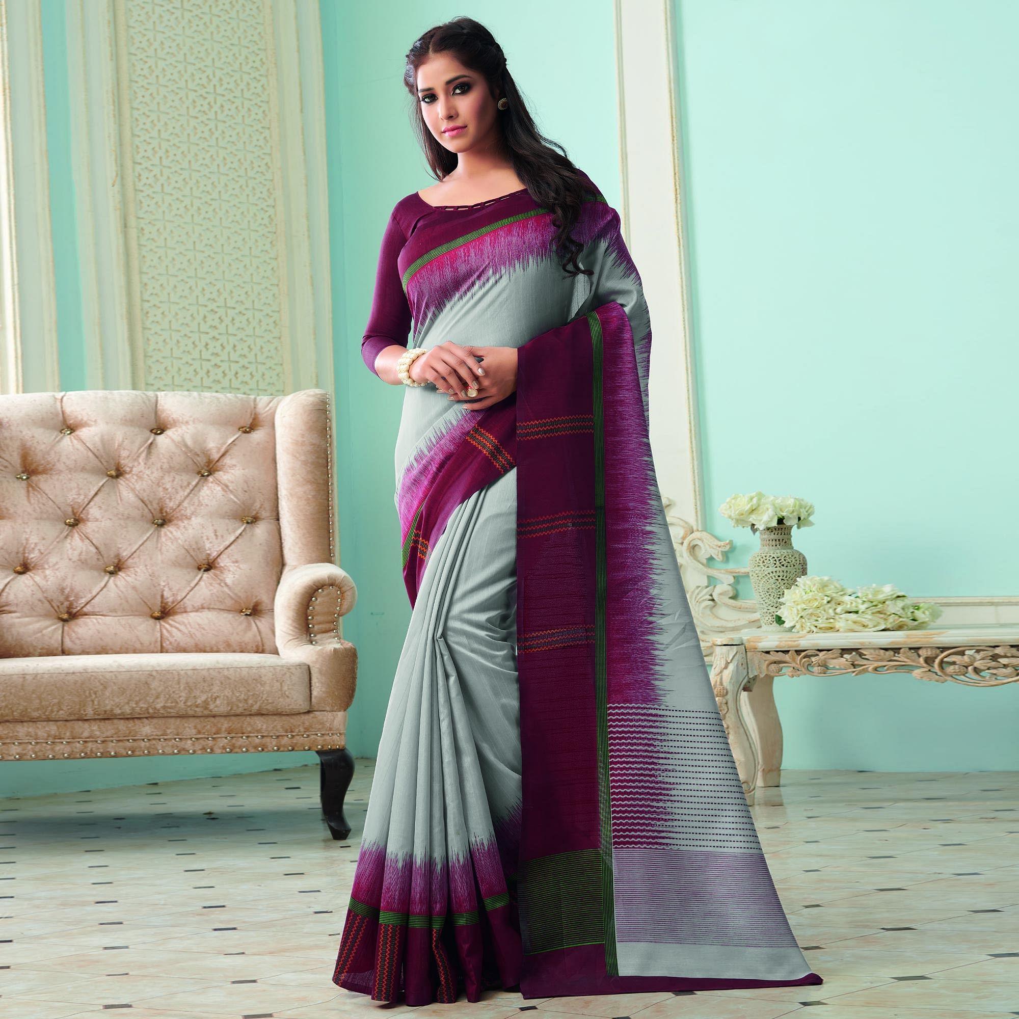 Ethnic Grey Colored Casual Wear Printed Bhagalpuri Saree - Peachmode