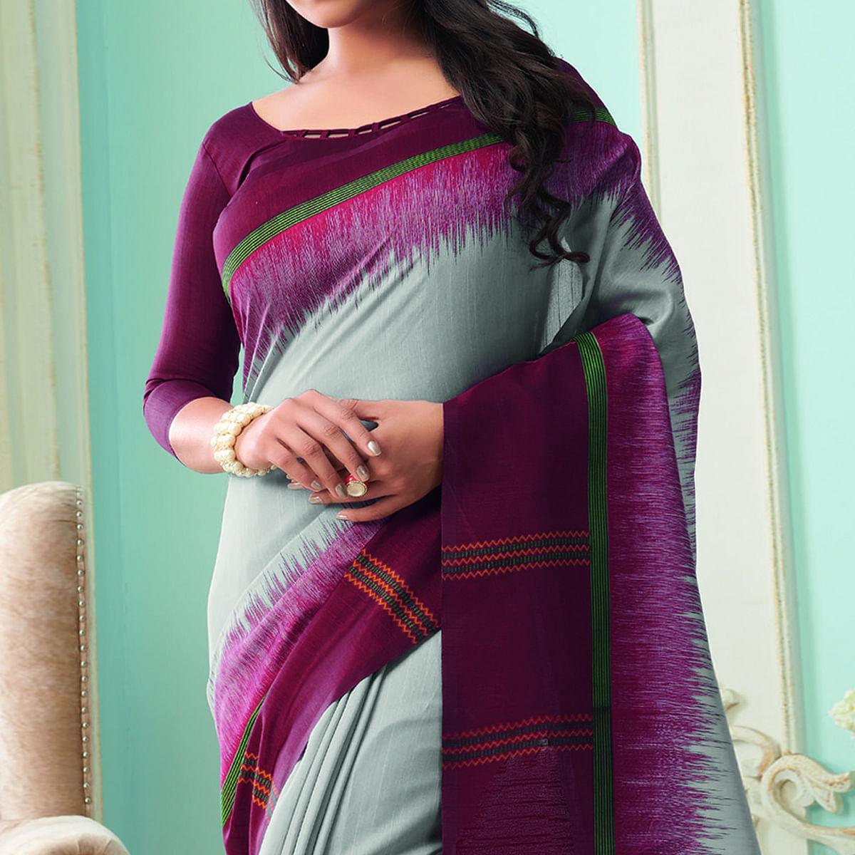 Ethnic Grey Colored Casual Wear Printed Bhagalpuri Saree - Peachmode