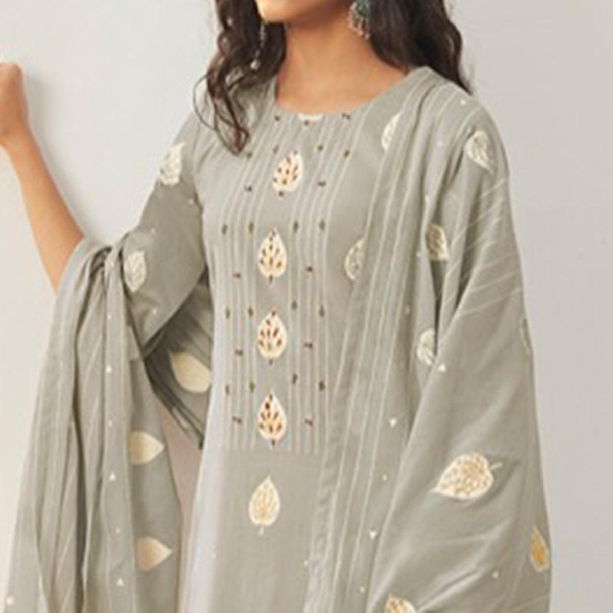 Ethnic Grey Colored Casual Wear Printed Pure Cotton Suit - Peachmode