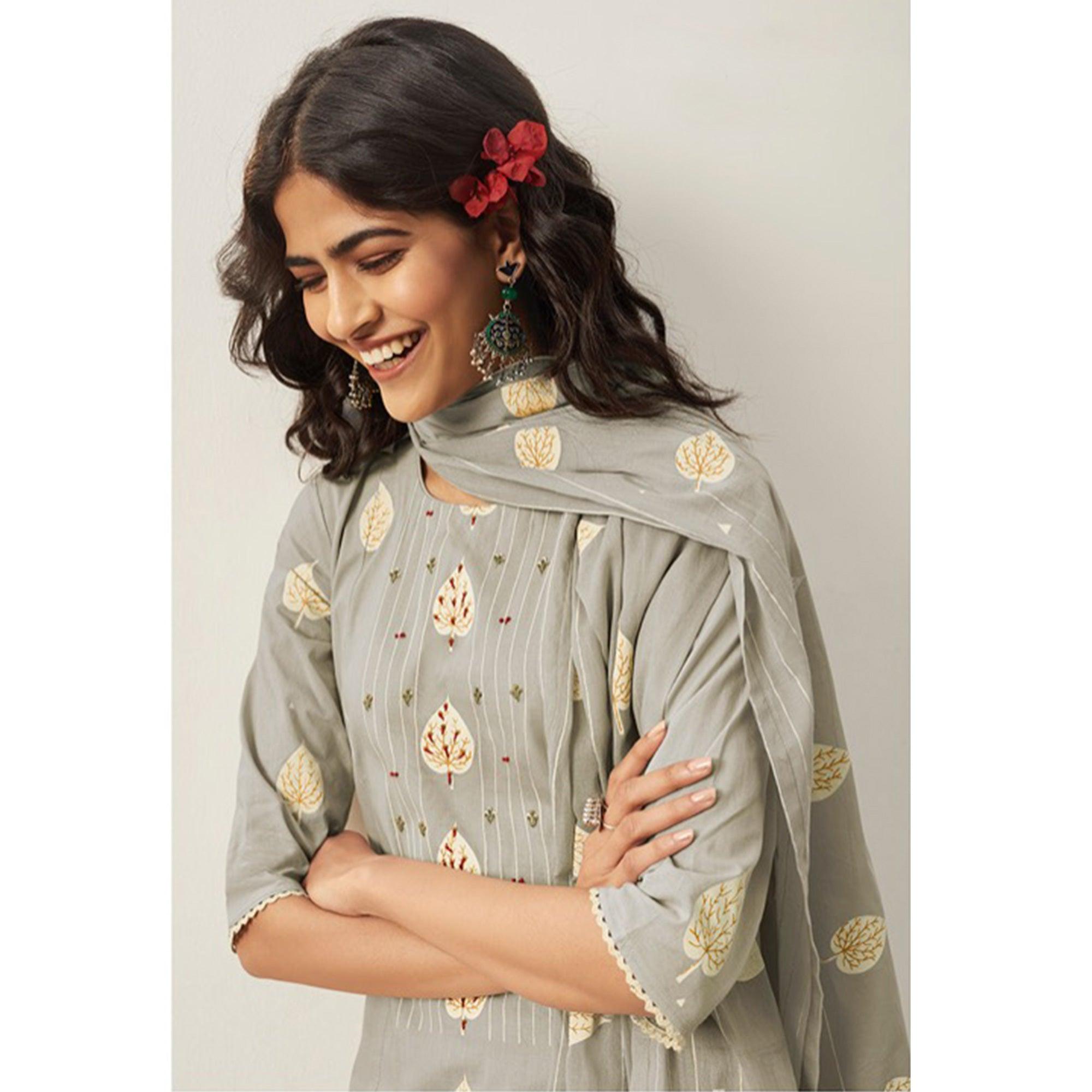 Ethnic Grey Colored Casual Wear Printed Pure Cotton Suit - Peachmode
