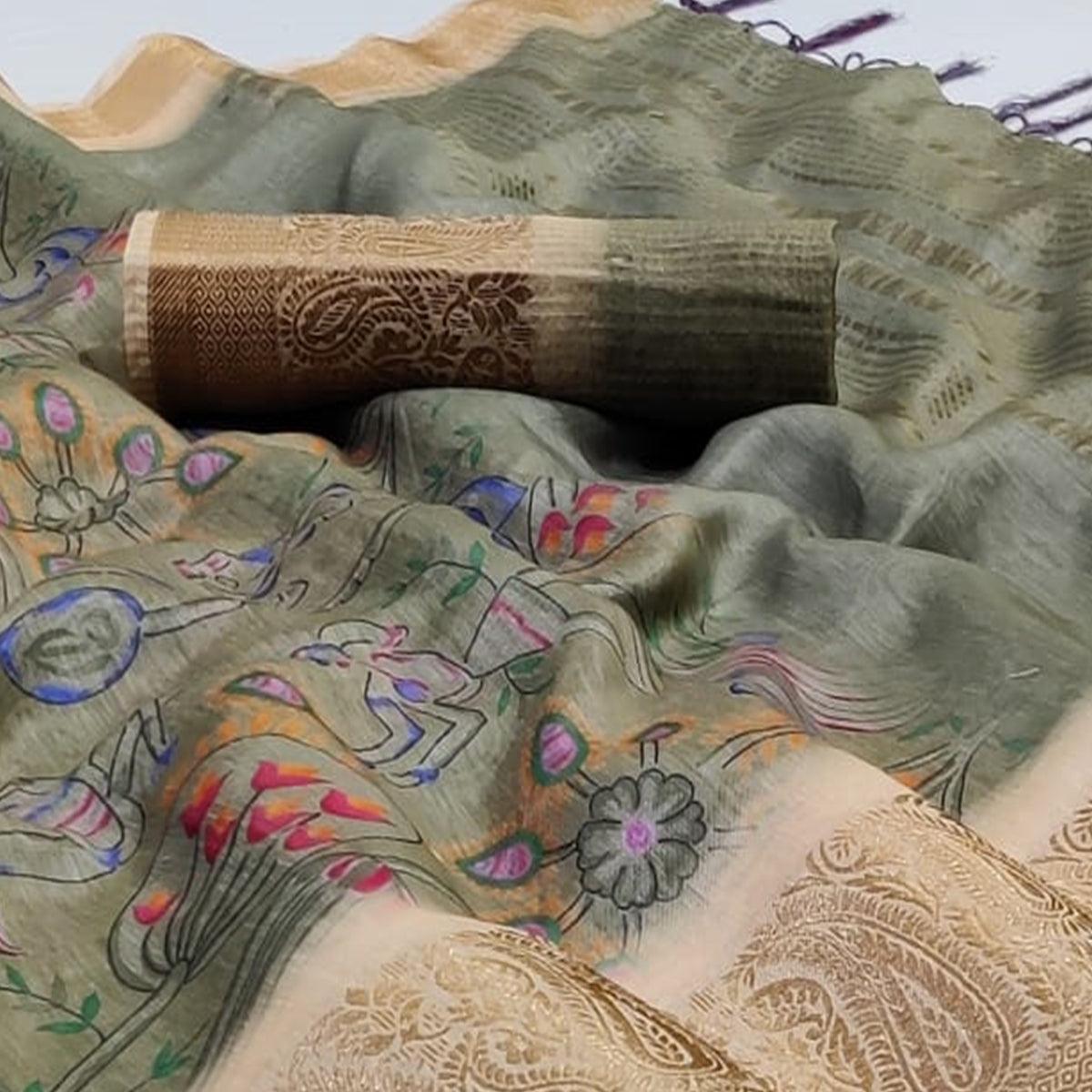Ethnic Grey Colored Festive Wear Woven Banarasi Silk Saree - Peachmode