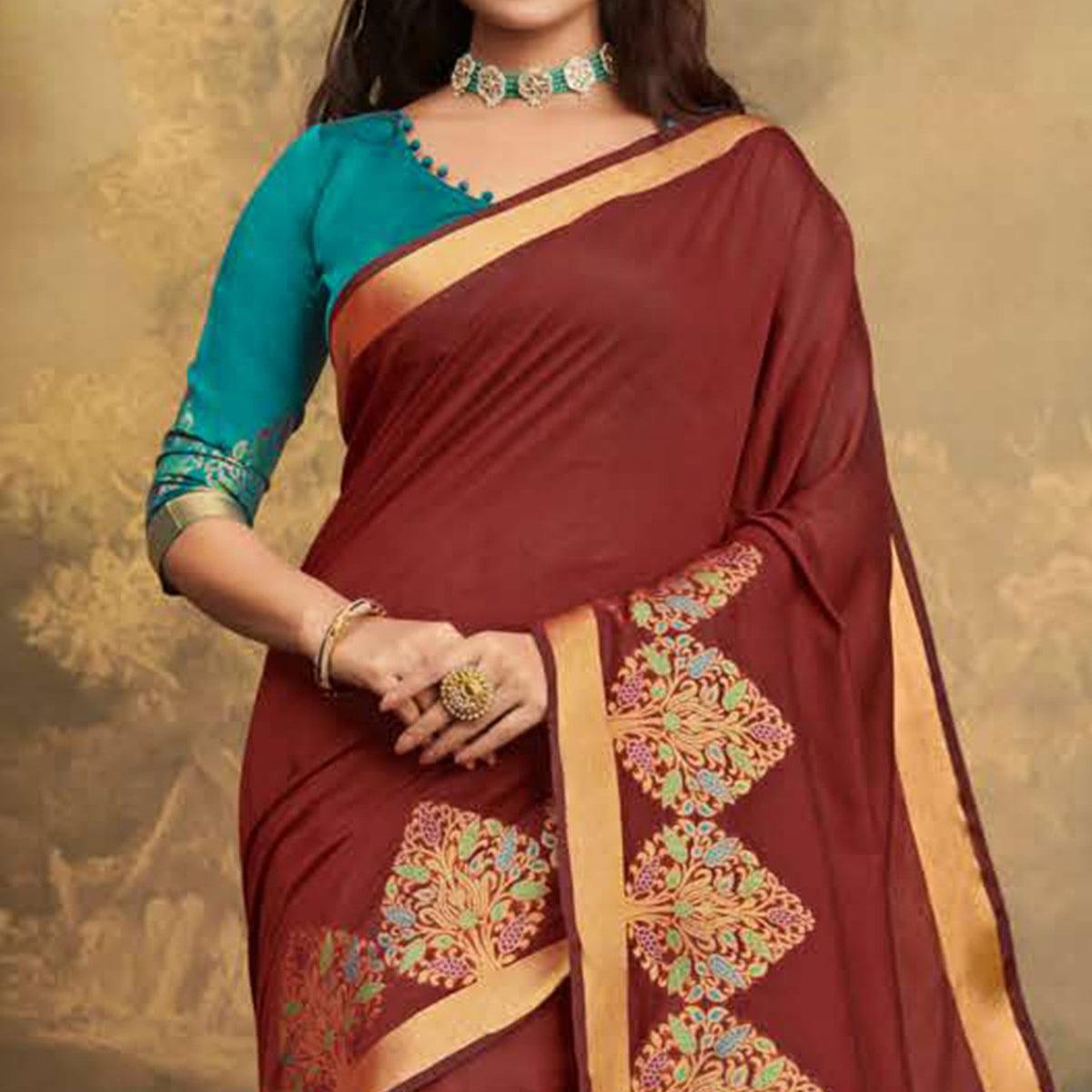 Ethnic Maroon Colored Festive Wear Woven Cotton Handloom Saree - Peachmode