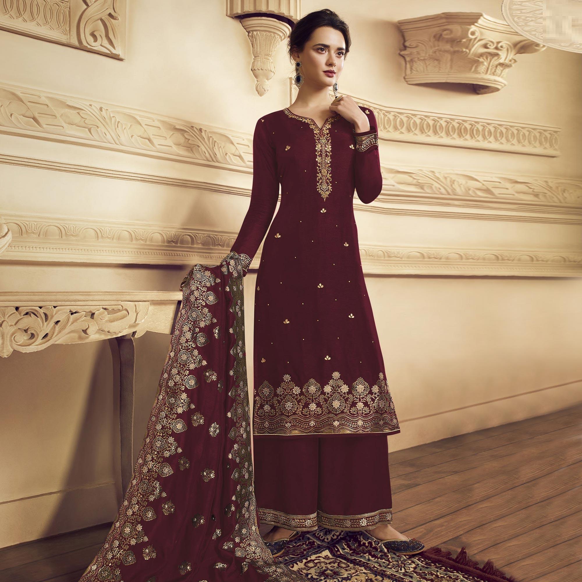 Ethnic Maroon Colored Partywear Embroidered Crepe Straight Suit - Peachmode