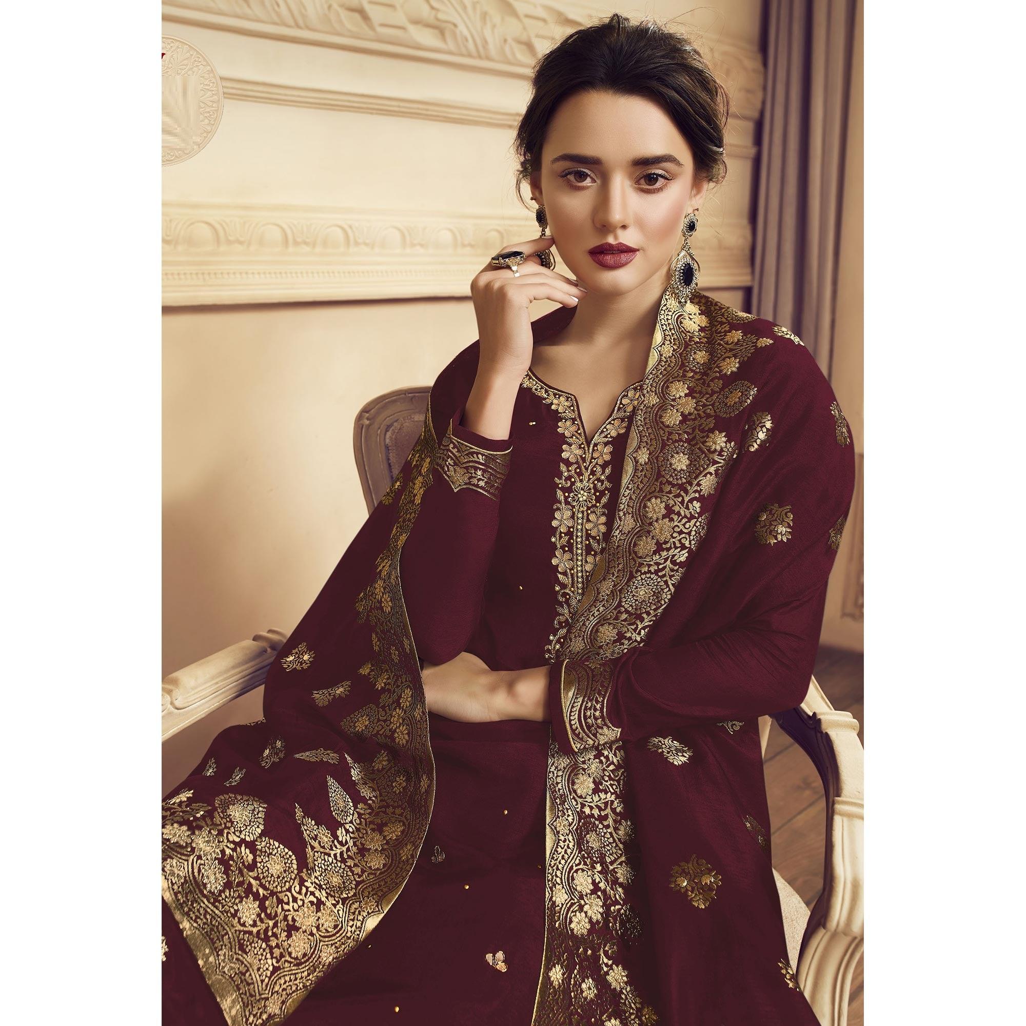 Ethnic Maroon Colored Partywear Embroidered Crepe Straight Suit - Peachmode