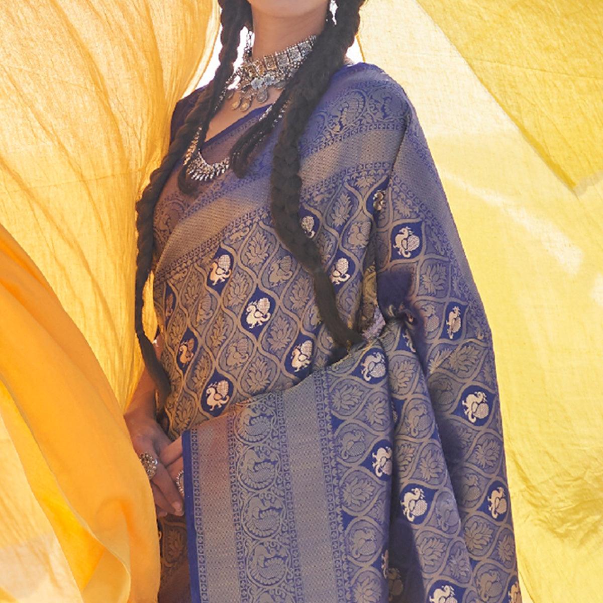 Ethnic Navy Blue Colored Festive Wear Weaving Handloom Soft Silk Saree - Peachmode