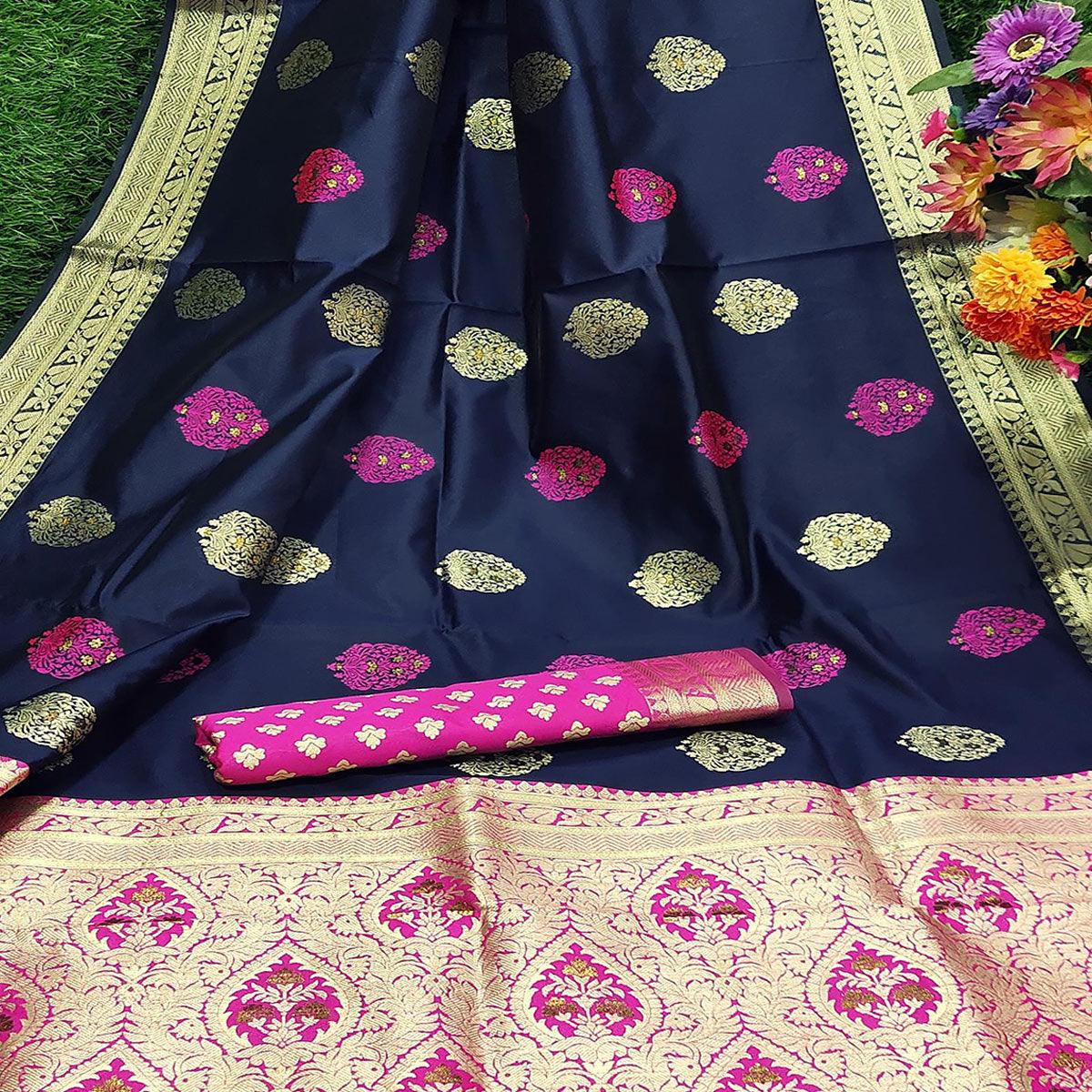 Ethnic Navy Blue Colored Festive Wear Woven Banarasi Silk Saree - Peachmode