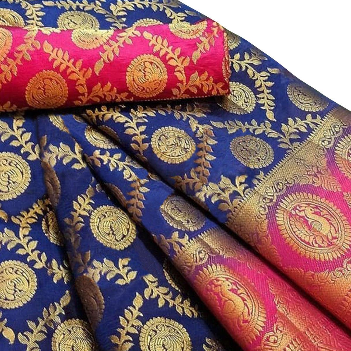 Ethnic Navy Blue Colored Festive Wear Woven Silk Blend Saree - Peachmode