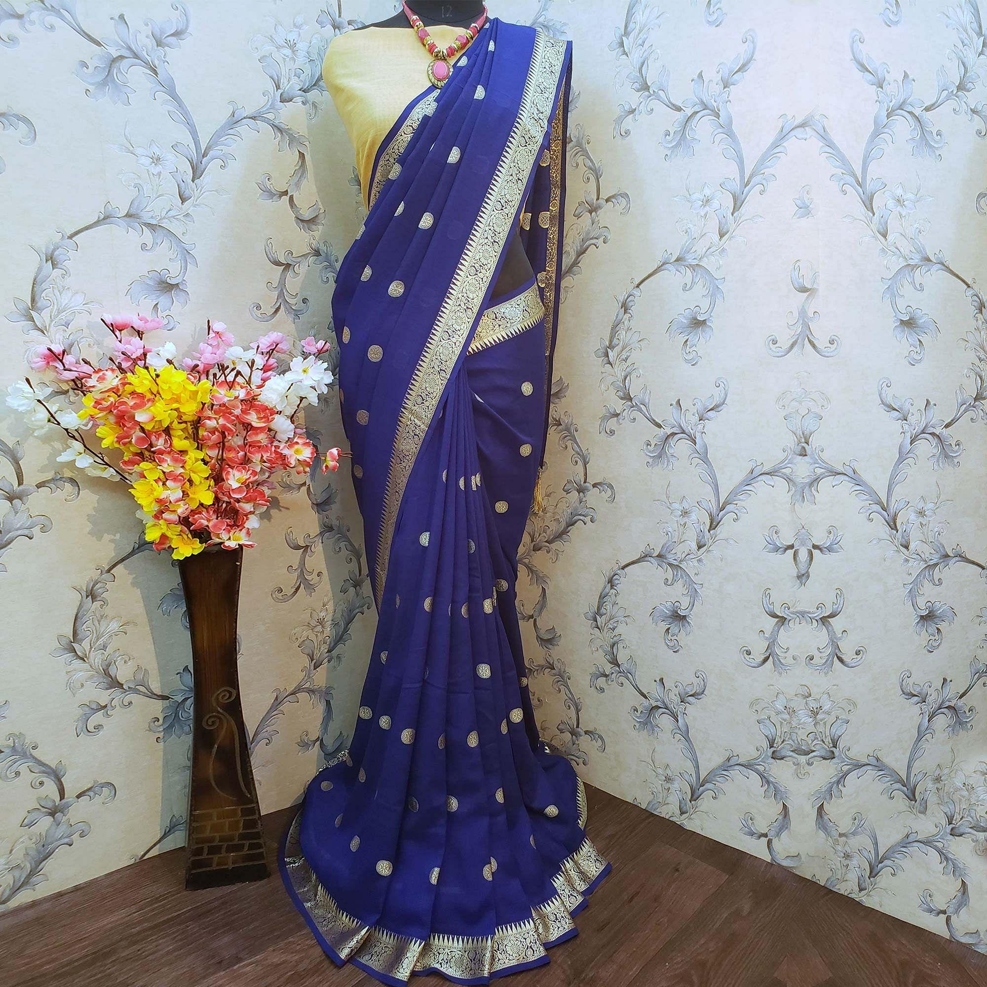 Ethnic Navy Blue Colored Festive Wear Woven Vichitra Silk Saree - Peachmode