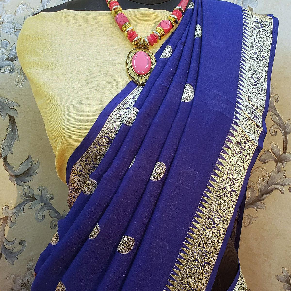 Ethnic Navy Blue Colored Festive Wear Woven Vichitra Silk Saree - Peachmode