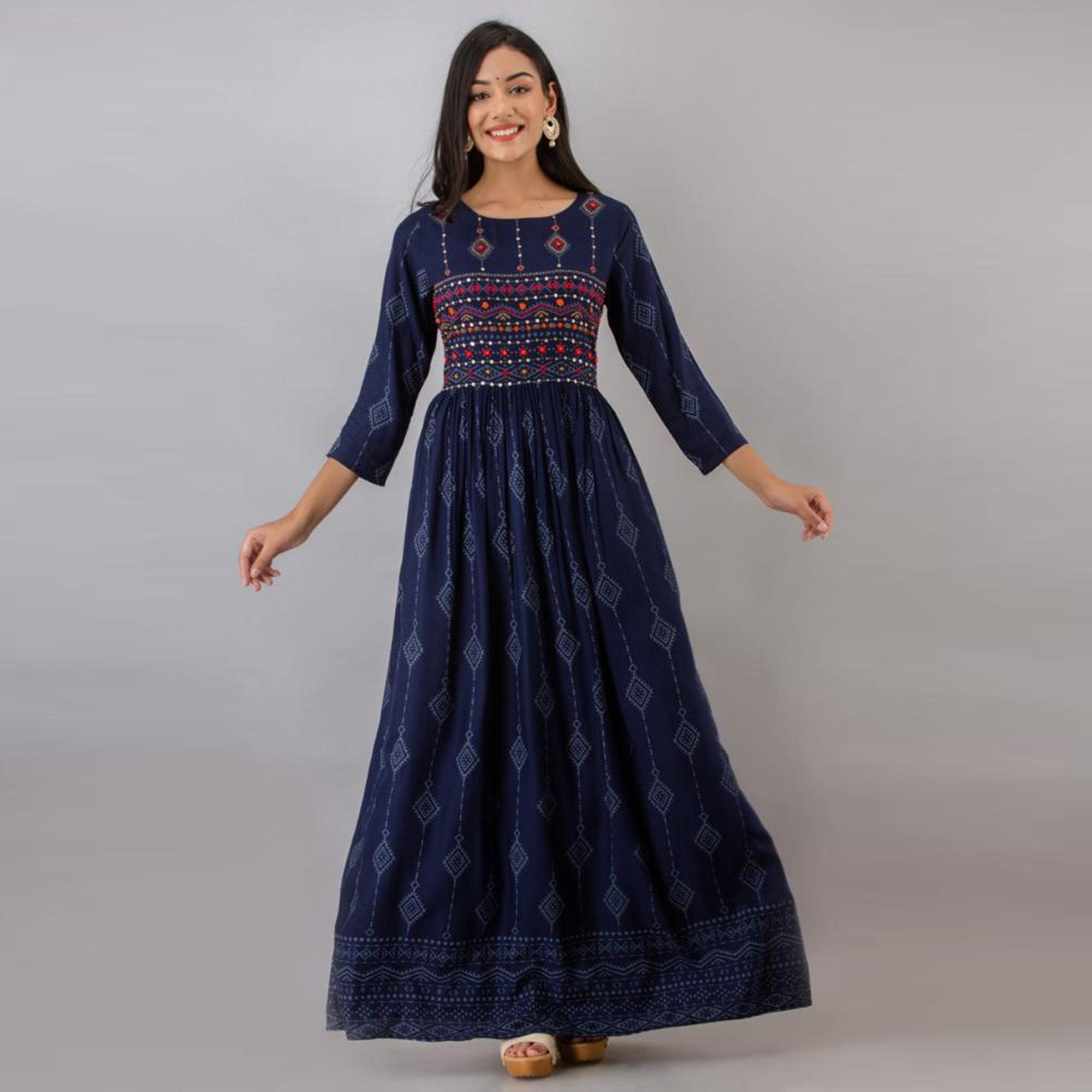 Ethnic Navy Blue Colored Partywear Embroidered Muslin Long Kurti - Peachmode