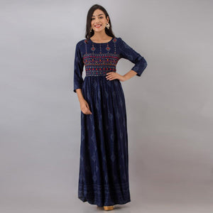 Ethnic Navy Blue Colored Partywear Embroidered Muslin Long Kurti - Peachmode