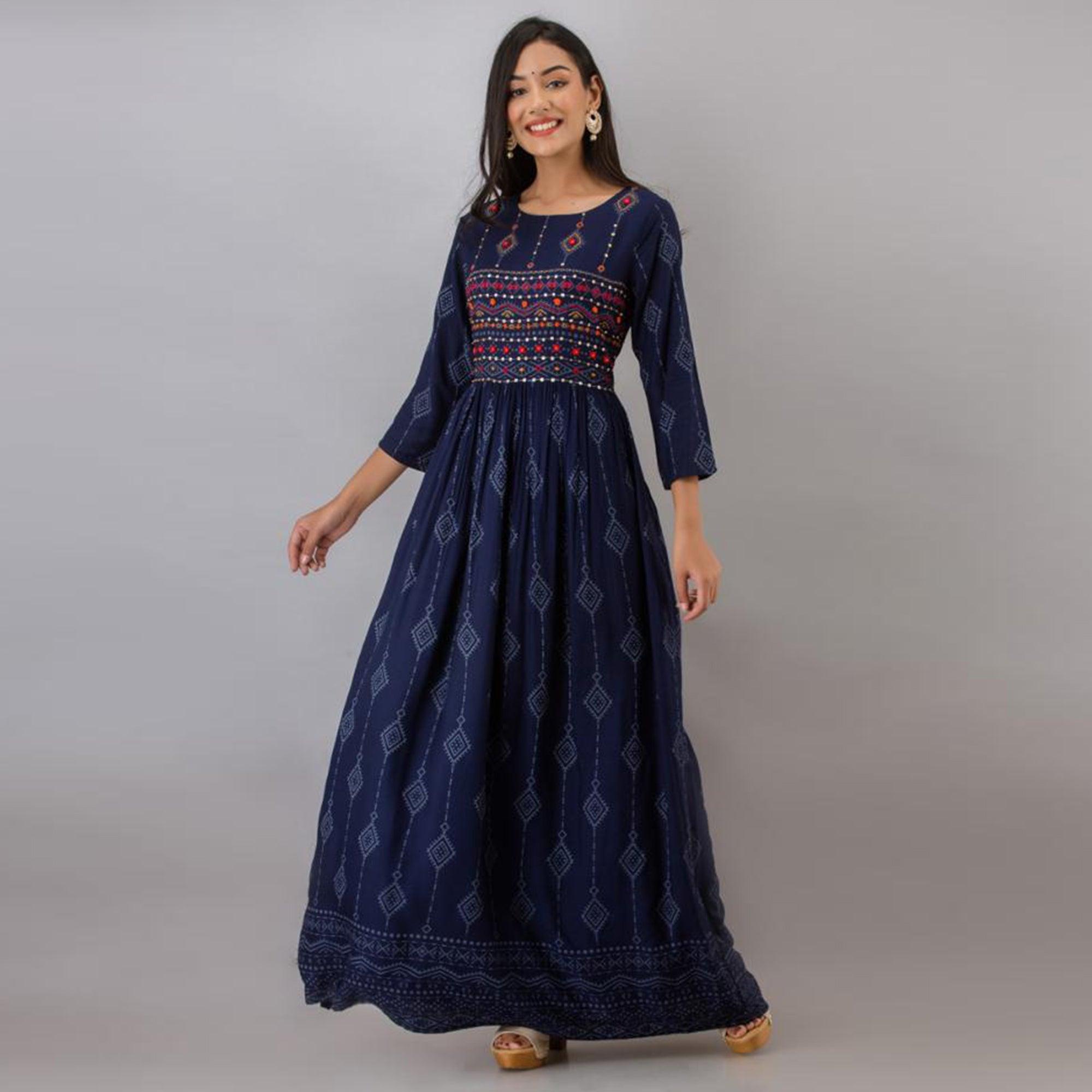 Ethnic Navy Blue Colored Partywear Embroidered Muslin Long Kurti - Peachmode