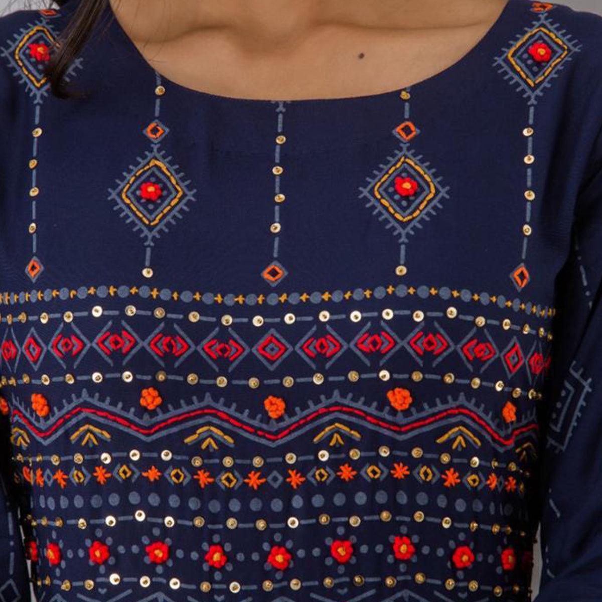 Ethnic Navy Blue Colored Partywear Embroidered Muslin Long Kurti - Peachmode
