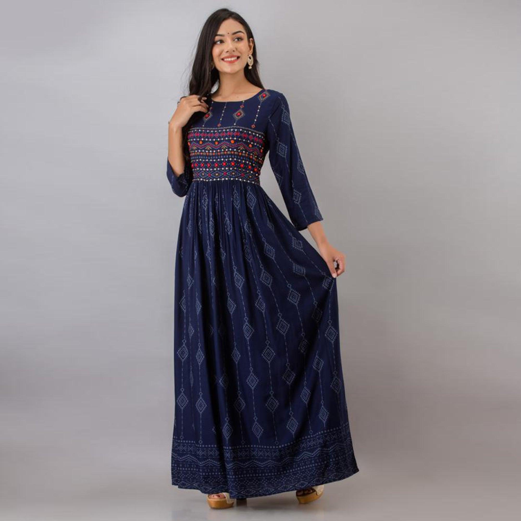 Ethnic Navy Blue Colored Partywear Embroidered Muslin Long Kurti - Peachmode