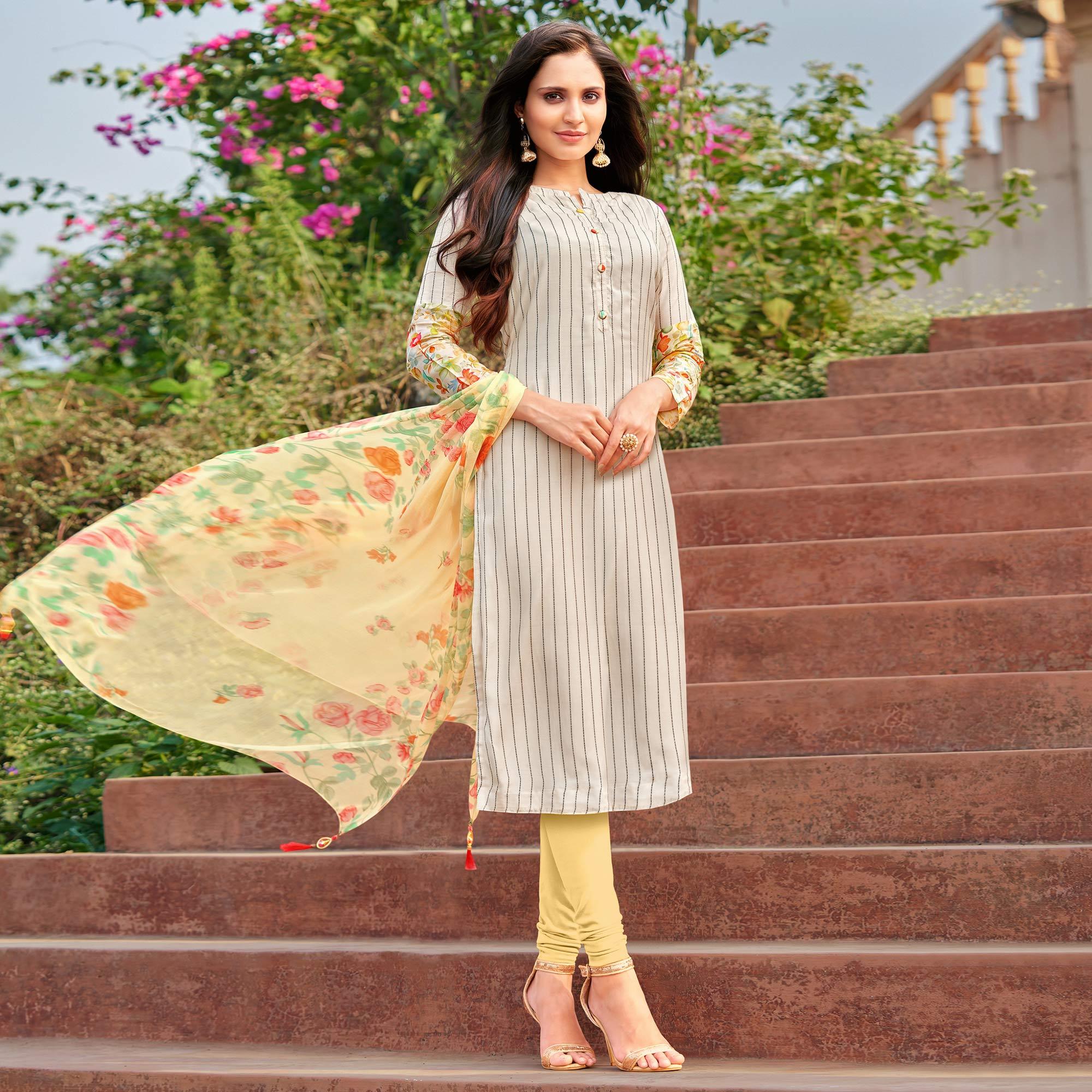 Ethnic Offwhite Colored Partywear Embroidered Modal Cotton Dress Material - Peachmode