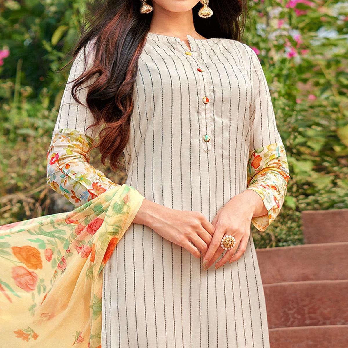 Ethnic Offwhite Colored Partywear Embroidered Modal Cotton Dress Material - Peachmode