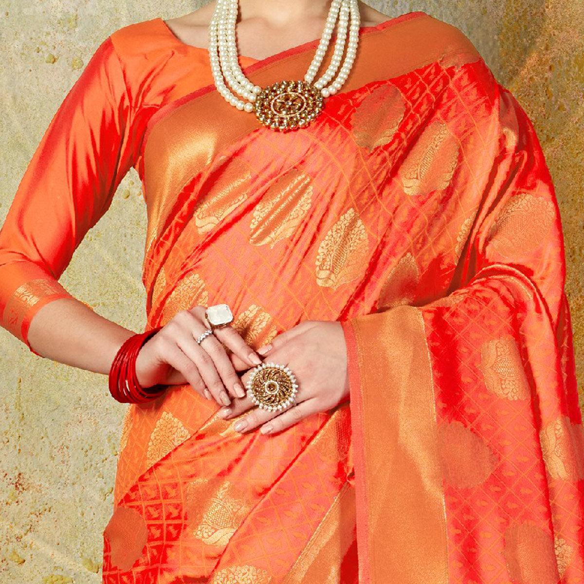 Ethnic Orange Colored Festive Wear Woven Handloom Silk Saree - Peachmode