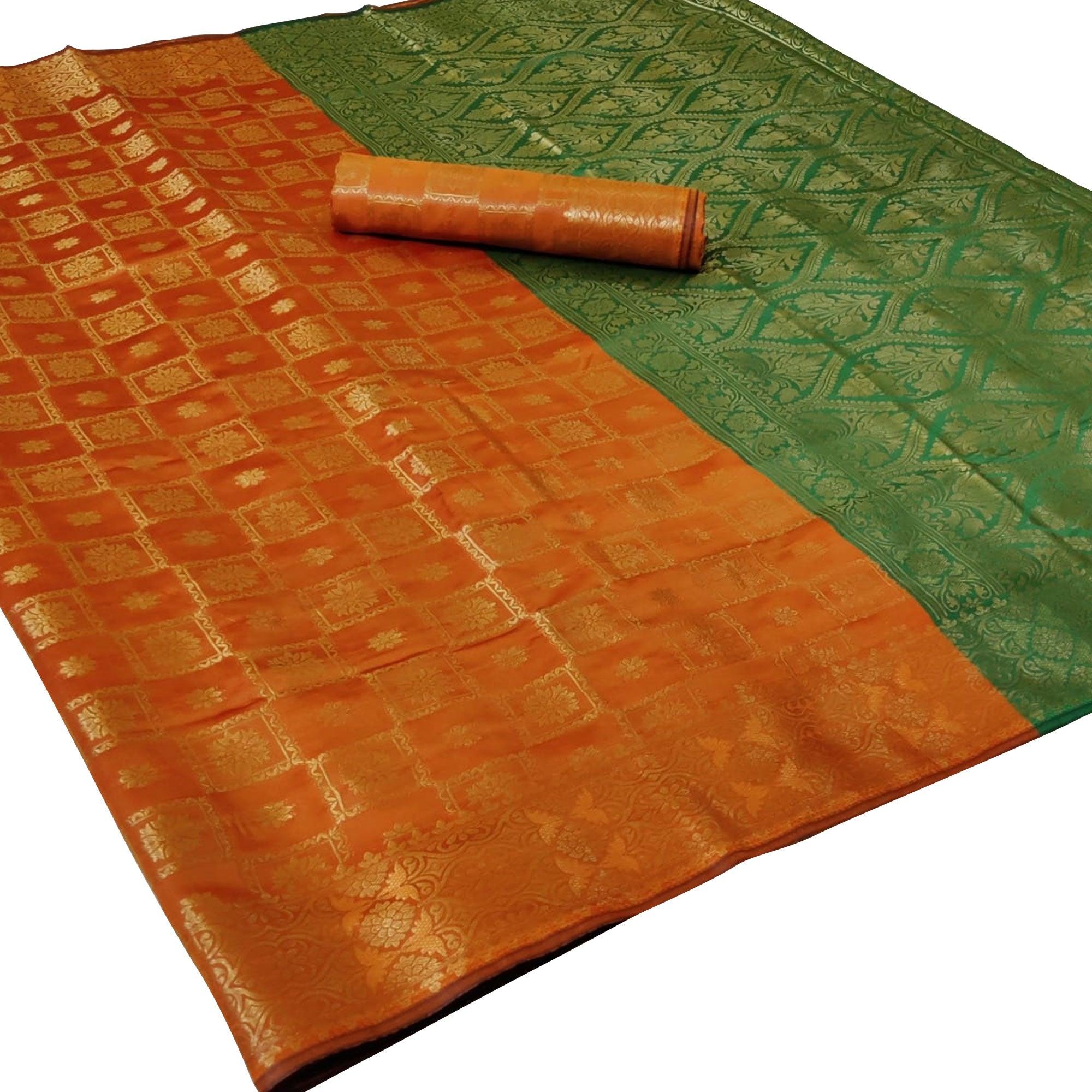 Ethnic Orange Colored Festive Wear Woven Silk Saree - Peachmode
