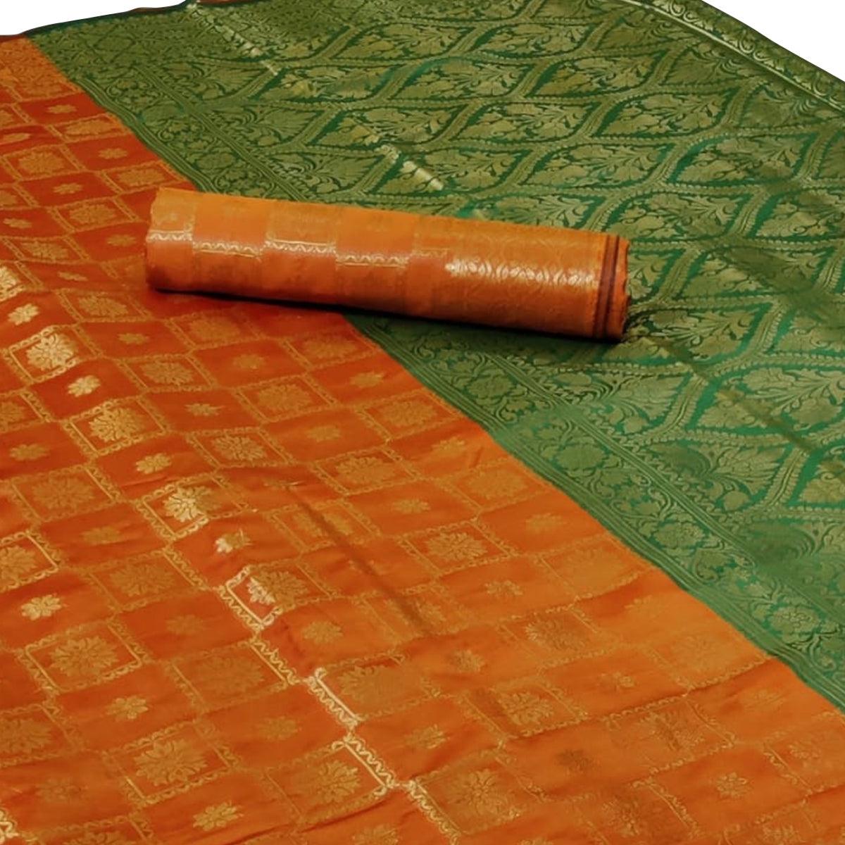 Ethnic Orange Colored Festive Wear Woven Silk Saree - Peachmode
