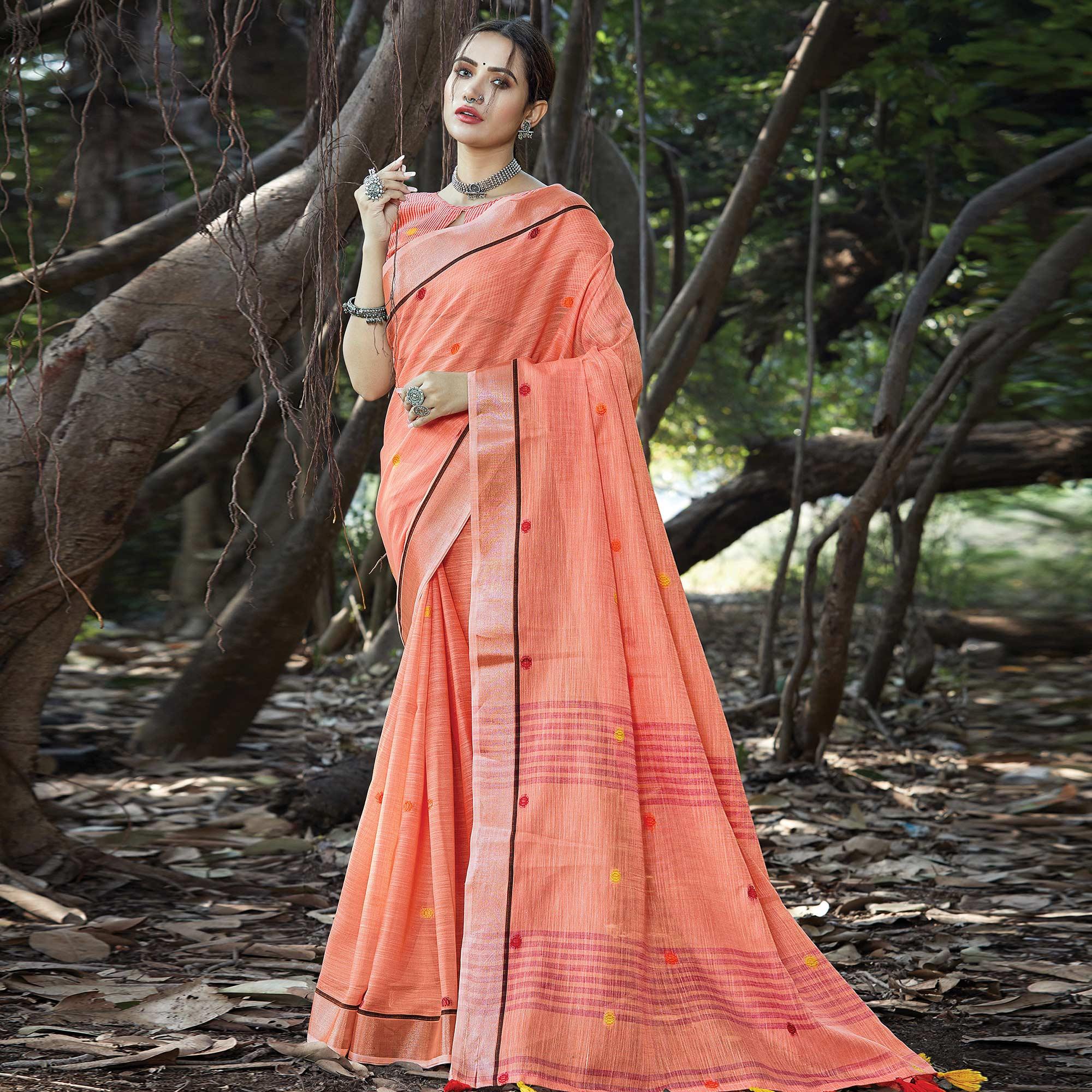 Ethnic Peach Colored Festive Wear Printed Linen Saree - Peachmode