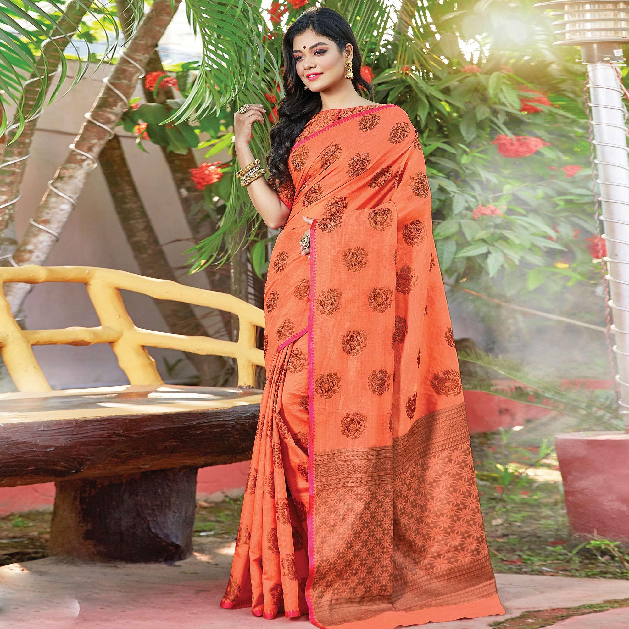 Ethnic Peach Colored Festive Wear Woven Cotton Handloom Saree - Peachmode