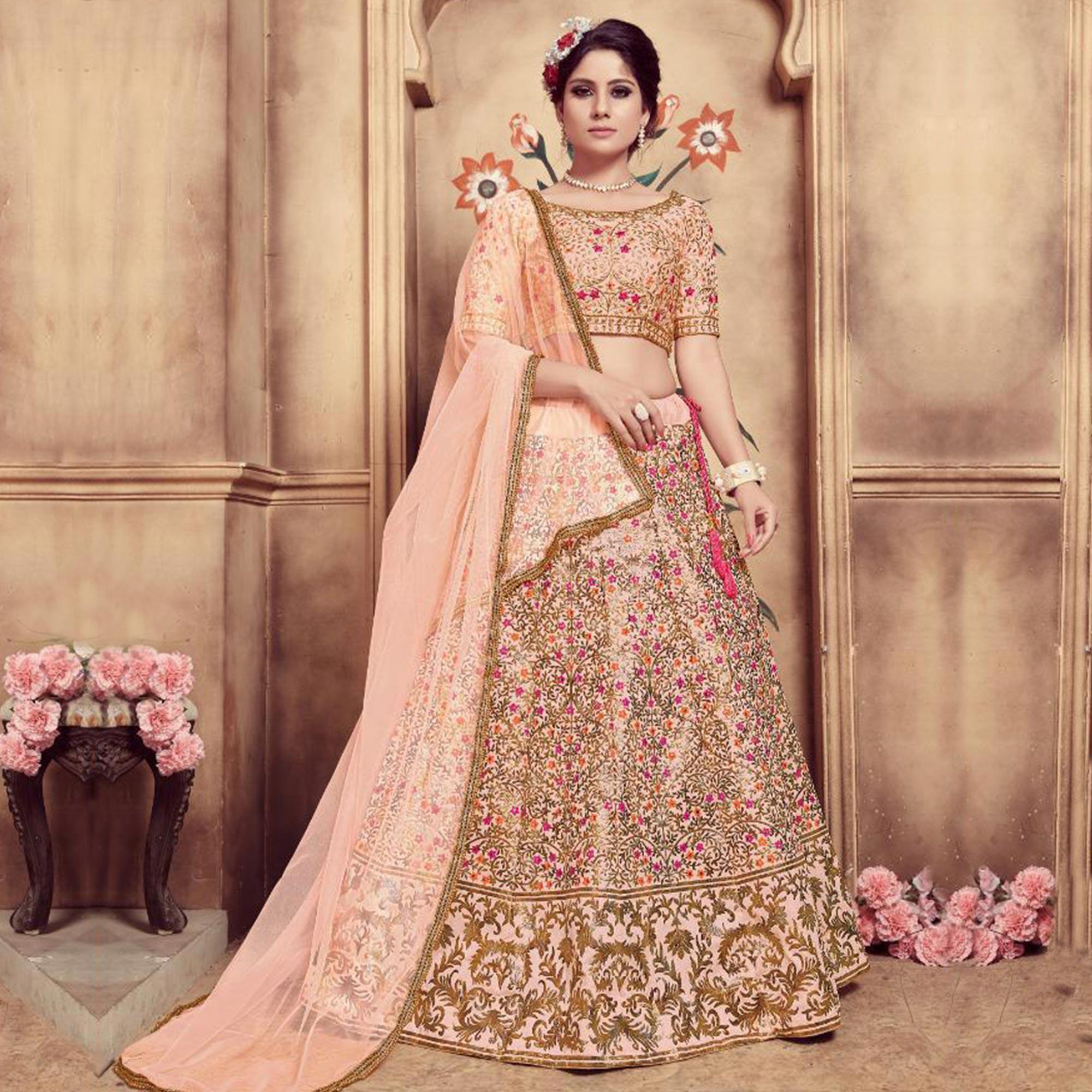 Ethnic Peach Colored Party Wear Embroidered Silk Lehenga Choli - Peachmode