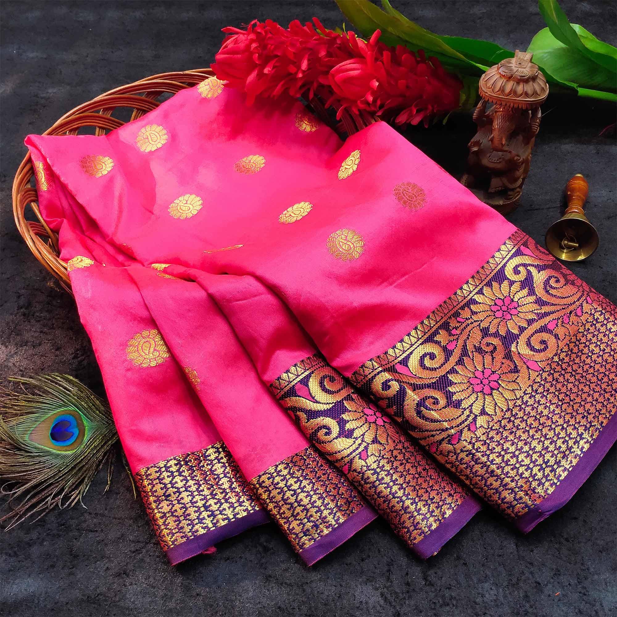 Ethnic Pink Colored Festive Wear Woven Kanjivaram Silk Saree - Peachmode