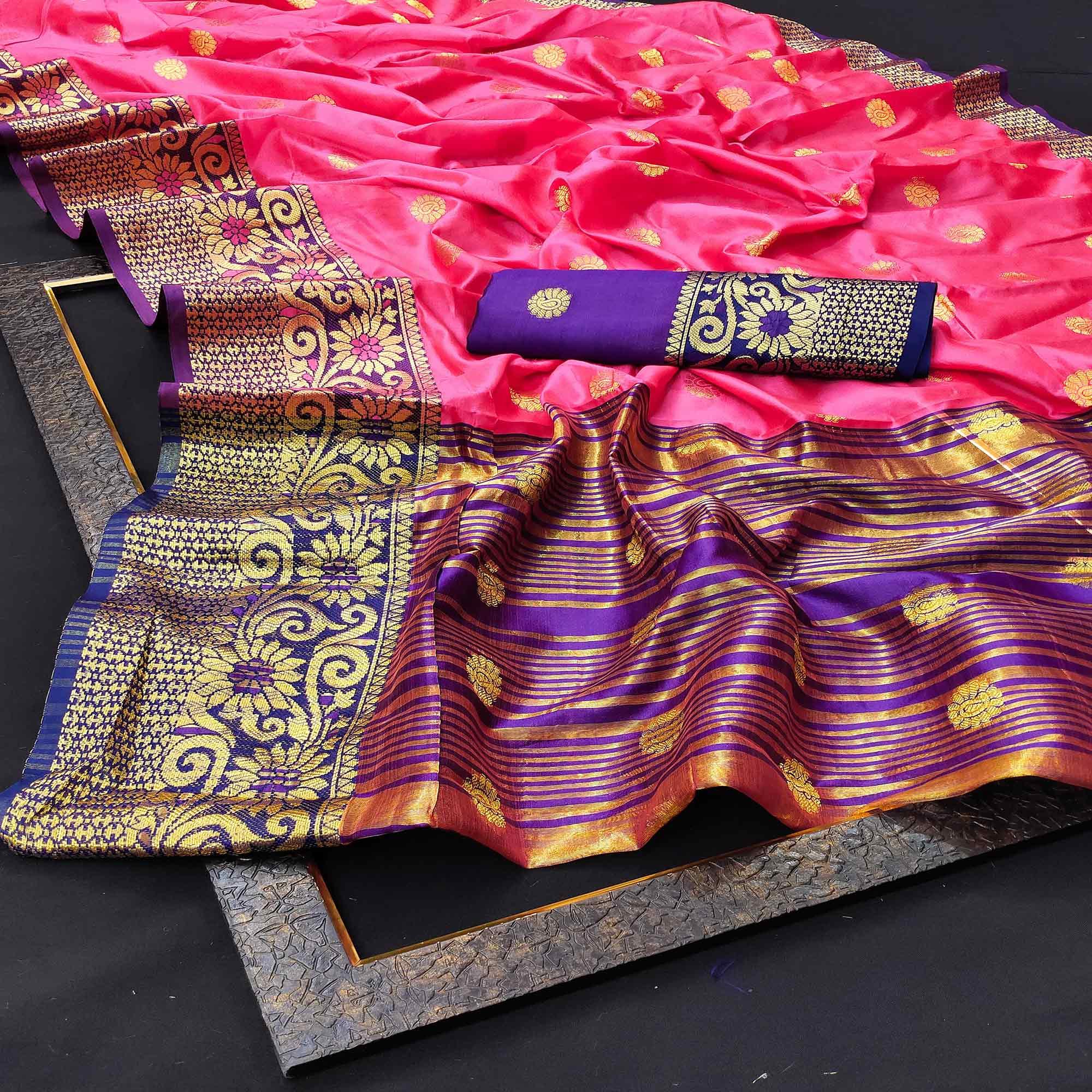 Ethnic Pink Colored Festive Wear Woven Kanjivaram Silk Saree - Peachmode