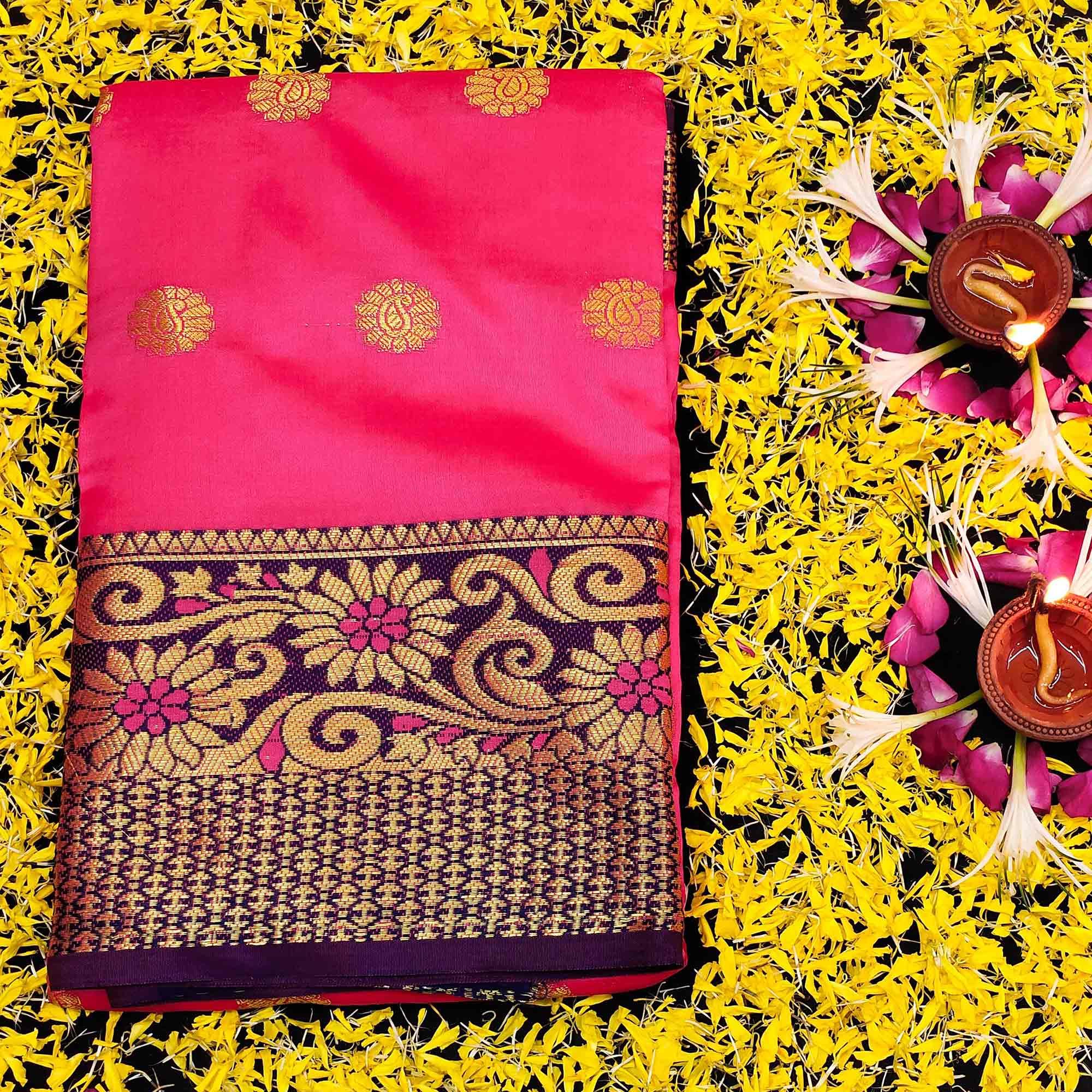 Ethnic Pink Colored Festive Wear Woven Kanjivaram Silk Saree - Peachmode
