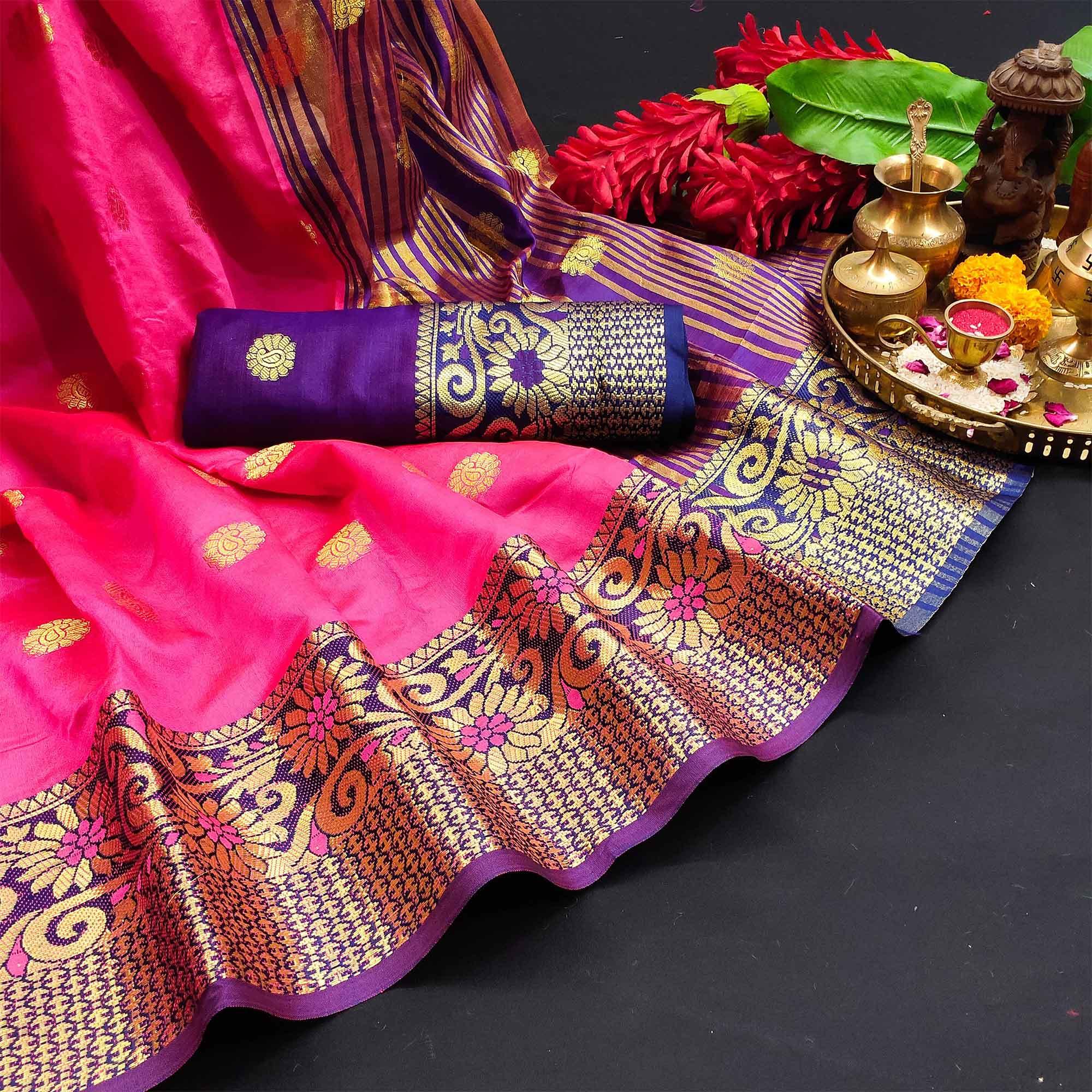 Ethnic Pink Colored Festive Wear Woven Kanjivaram Silk Saree - Peachmode