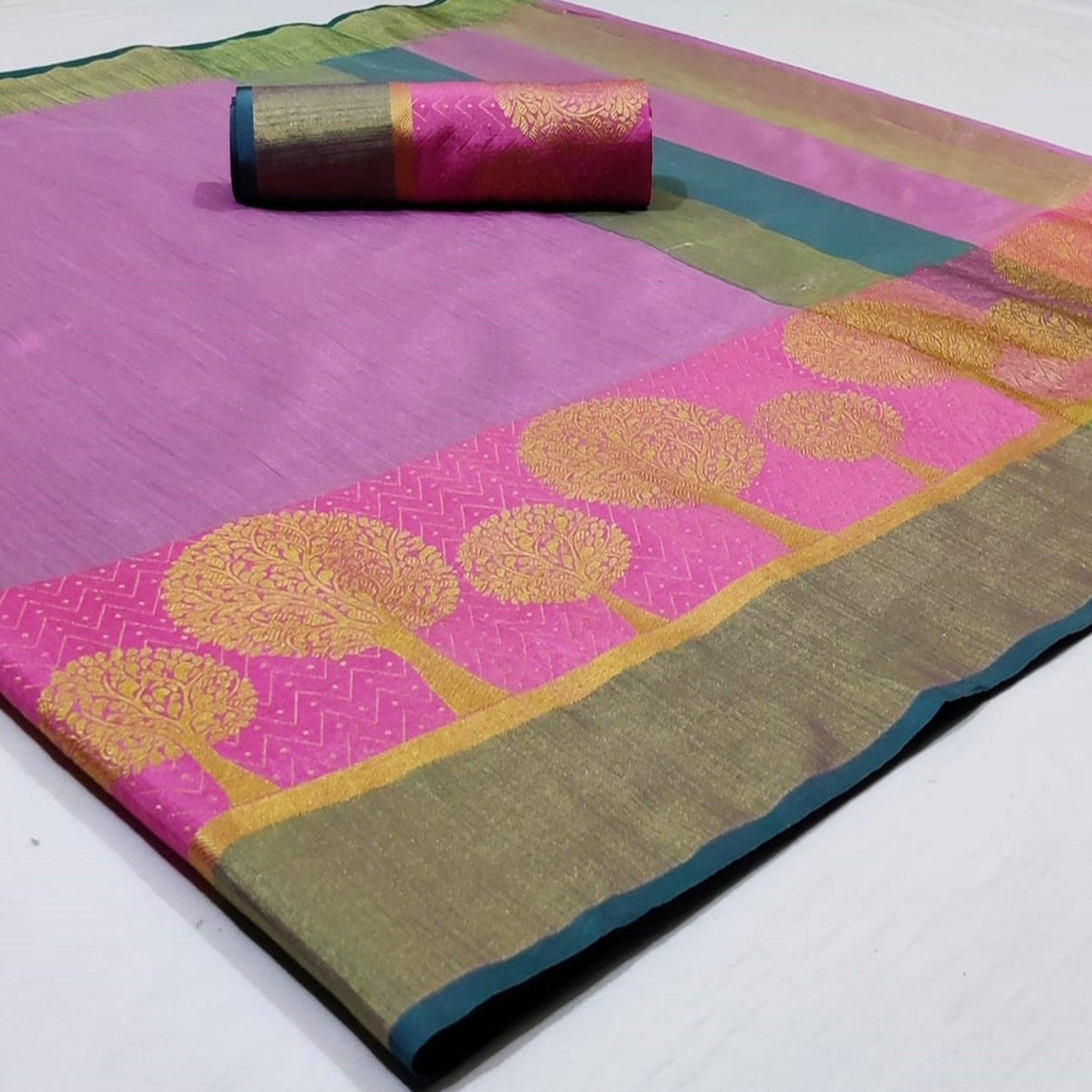 Ethnic Pink Colored Festive Wear Woven Silk Saree - Peachmode
