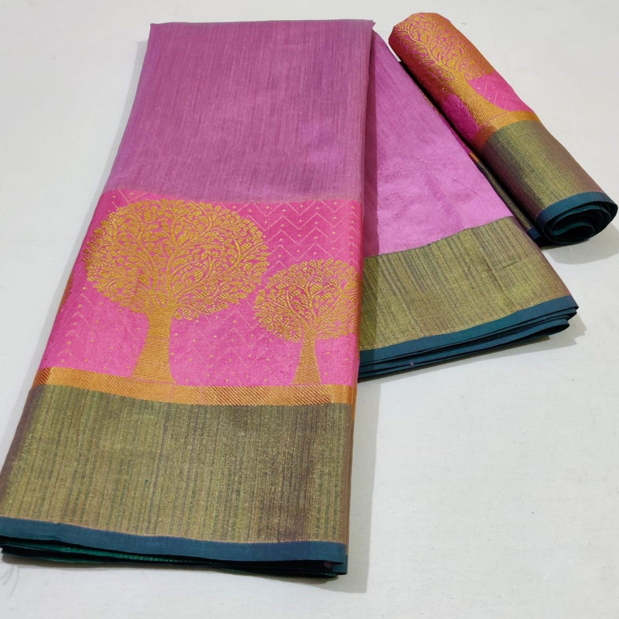 Ethnic Pink Colored Festive Wear Woven Silk Saree - Peachmode