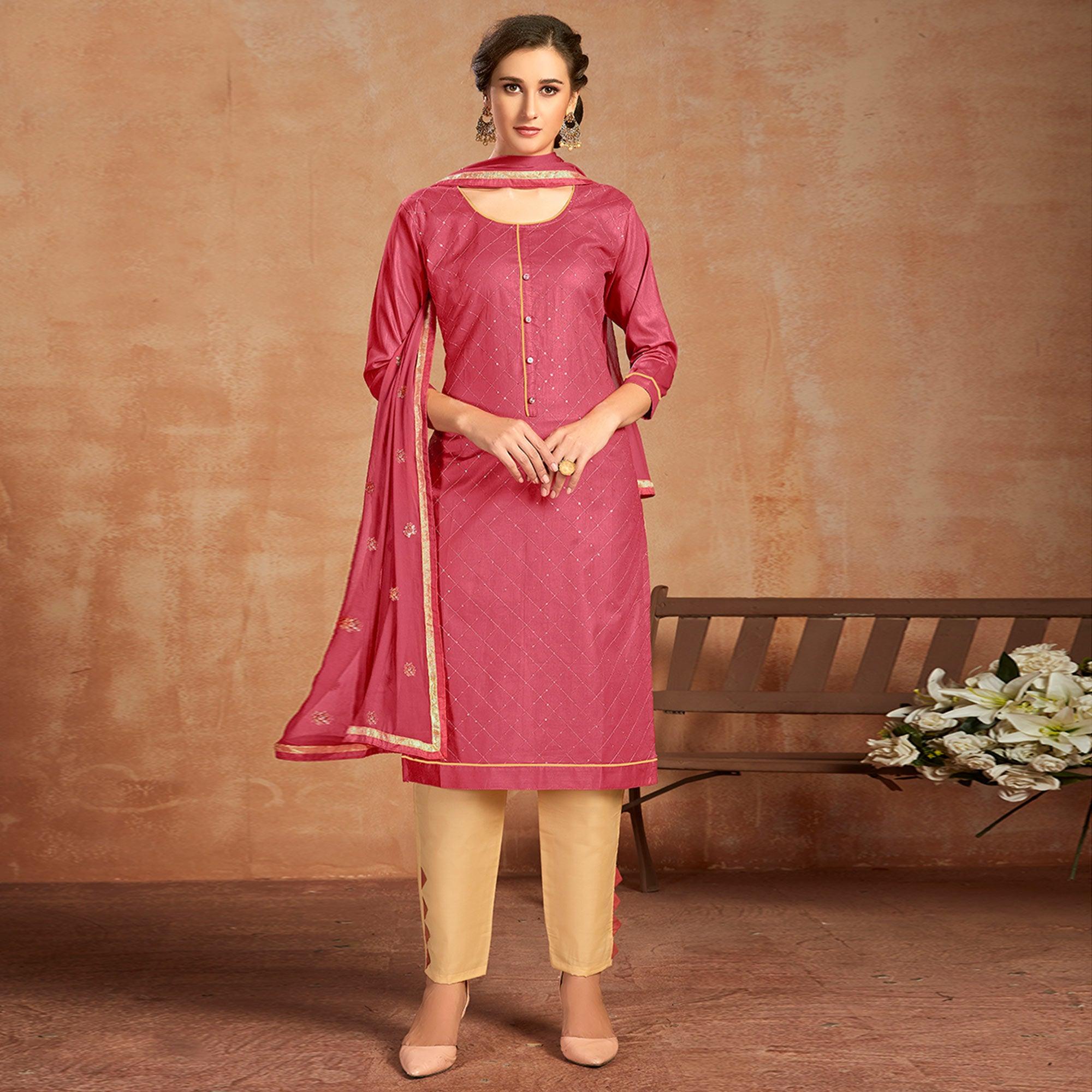 Ethnic Pink Colored Partywear Embroidered Pure Cotton Dress Material - Peachmode
