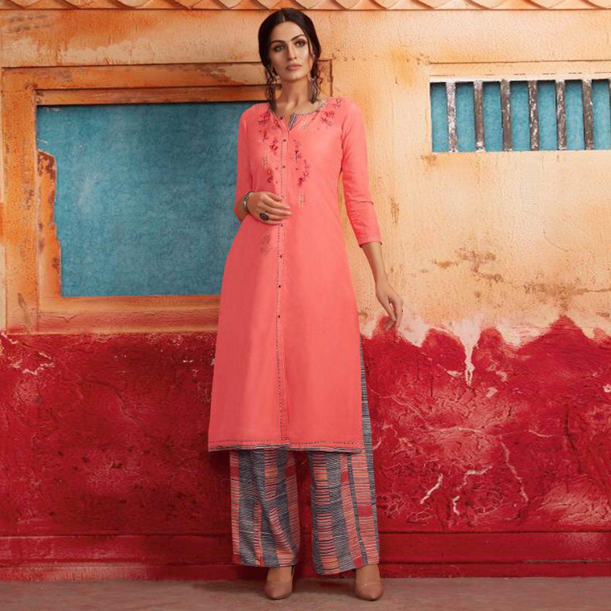 Ethnic Pink Colored Partywear Embroidered Pure Muslin-Silk Kurti-Palazzo Set - Peachmode