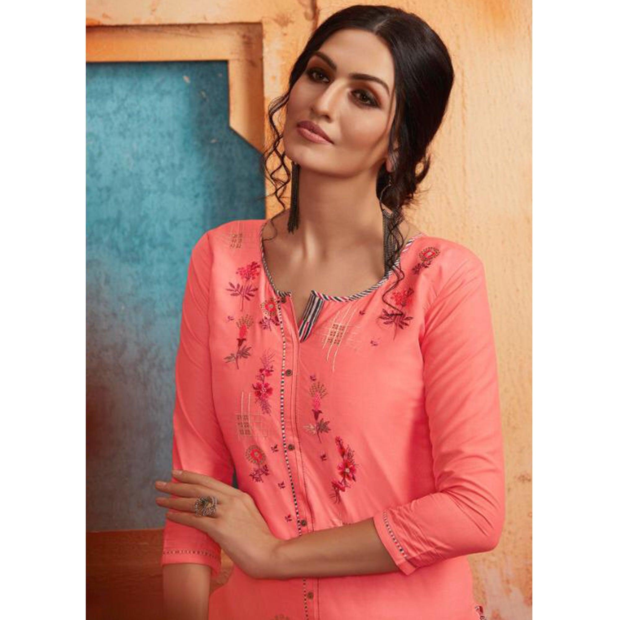 Ethnic Pink Colored Partywear Embroidered Pure Muslin-Silk Kurti-Palazzo Set - Peachmode